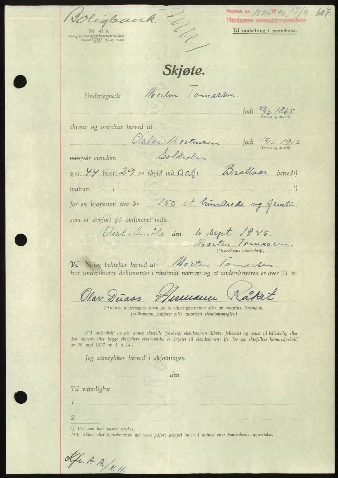 Nordmøre sorenskriveri, AV/SAT-A-4132/1/2/2Ca: Mortgage book no. A102, 1946-1946, Diary no: : 1826/1946