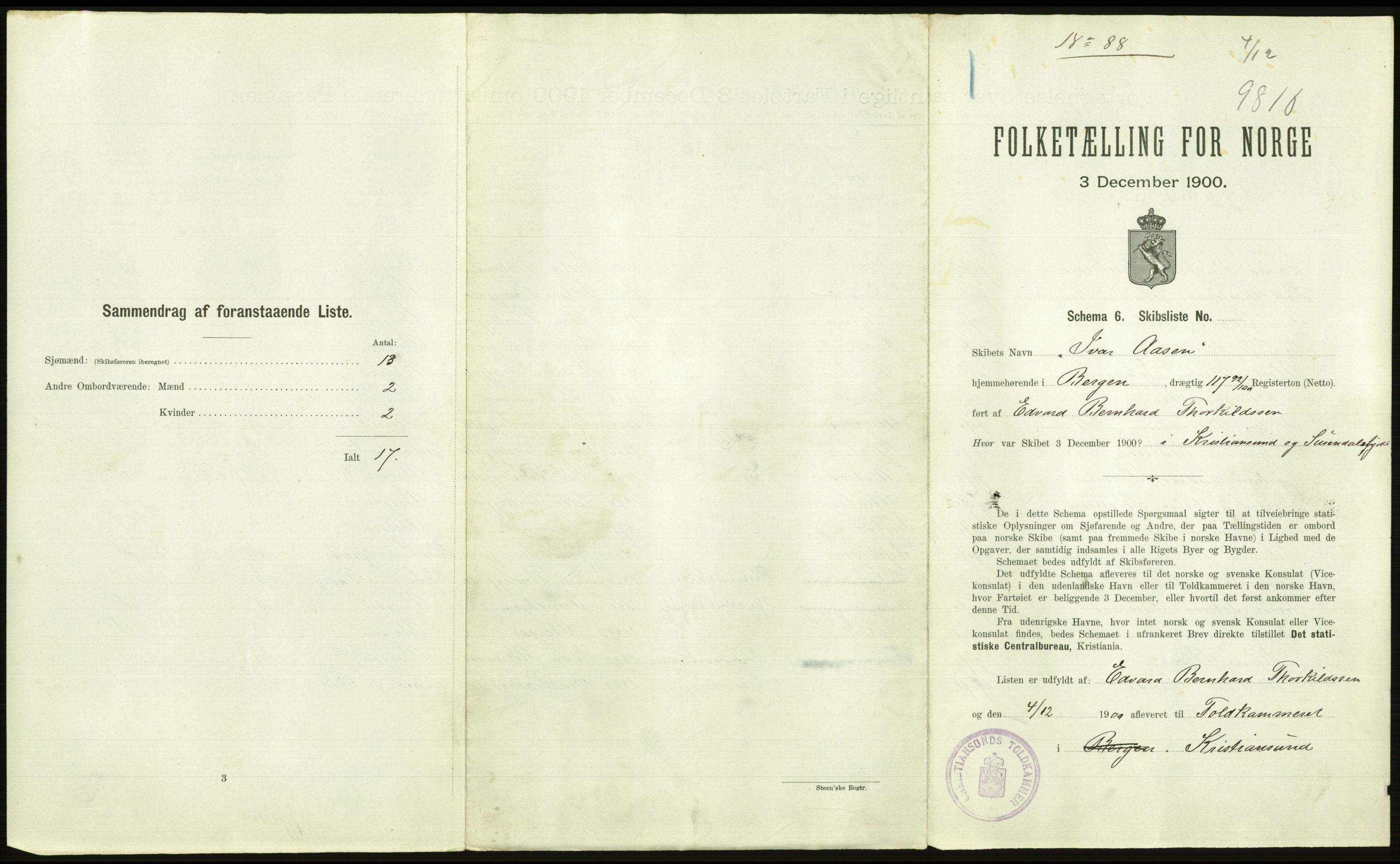 RA, 1900 Census - ship lists from ships in Norwegian harbours, harbours abroad and at sea, 1900, p. 2293