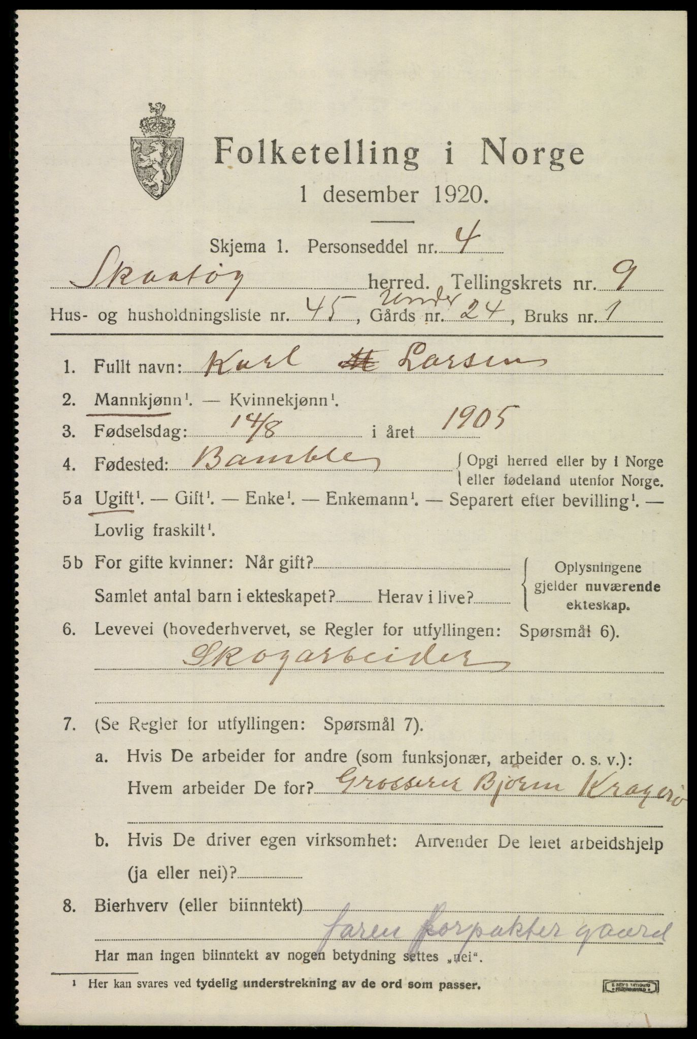 SAKO, 1920 census for Skåtøy, 1920, p. 7100