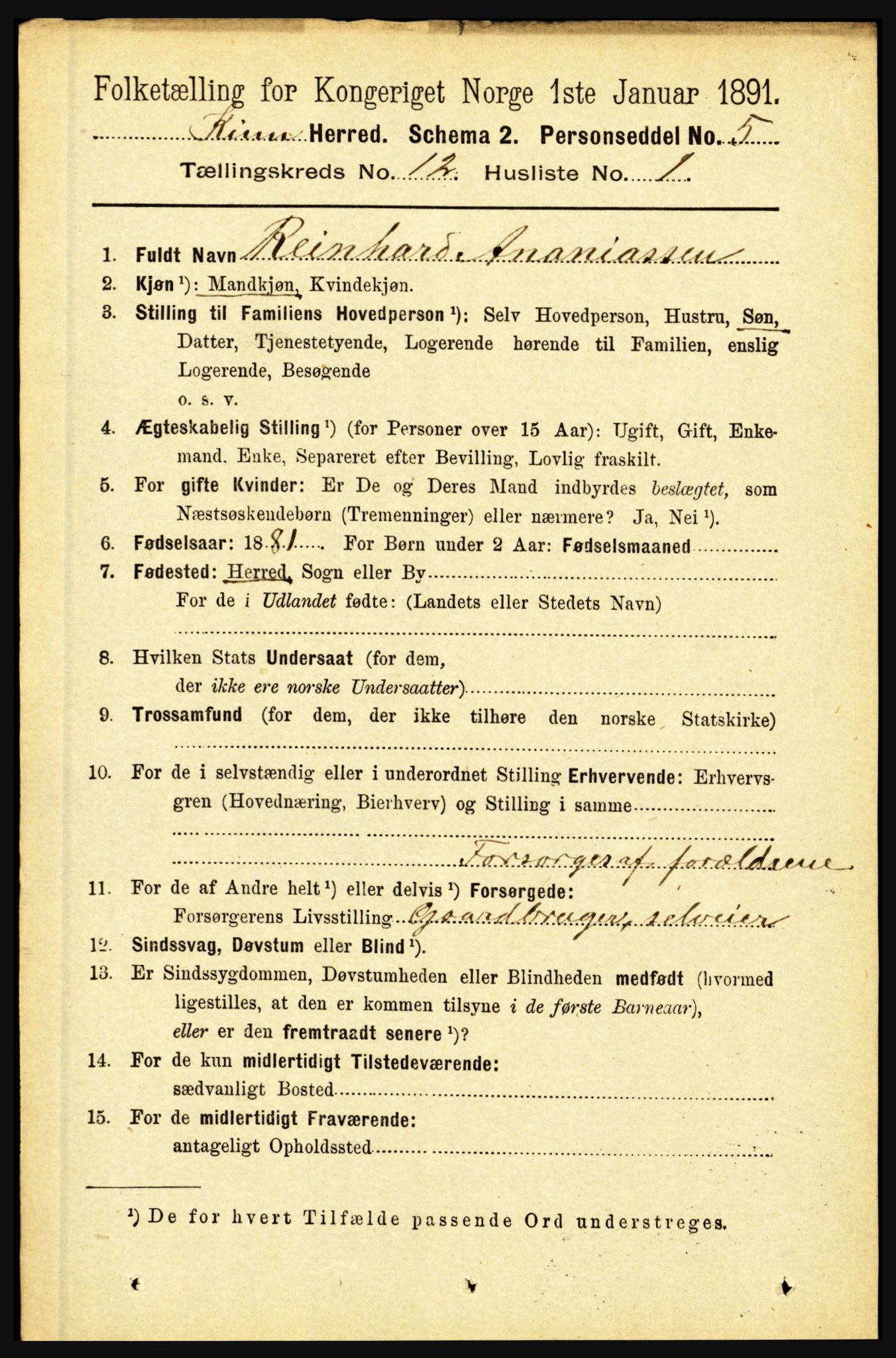 RA, 1891 census for 1437 Kinn, 1891, p. 4516