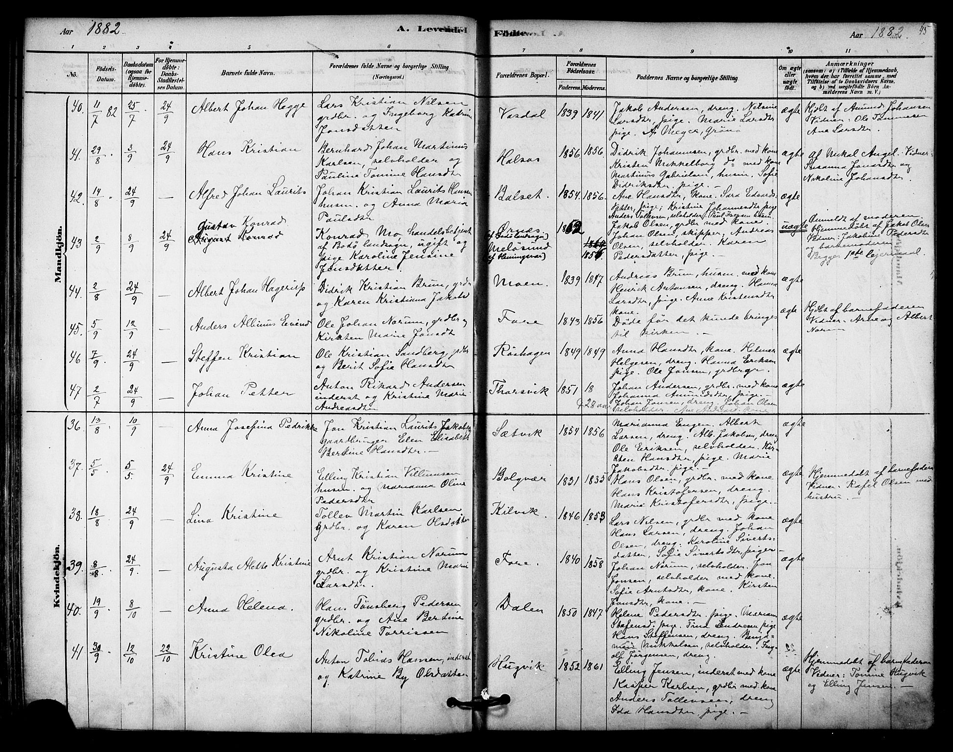 Ministerialprotokoller, klokkerbøker og fødselsregistre - Nordland, SAT/A-1459/843/L0626: Parish register (official) no. 843A01, 1878-1907, p. 45