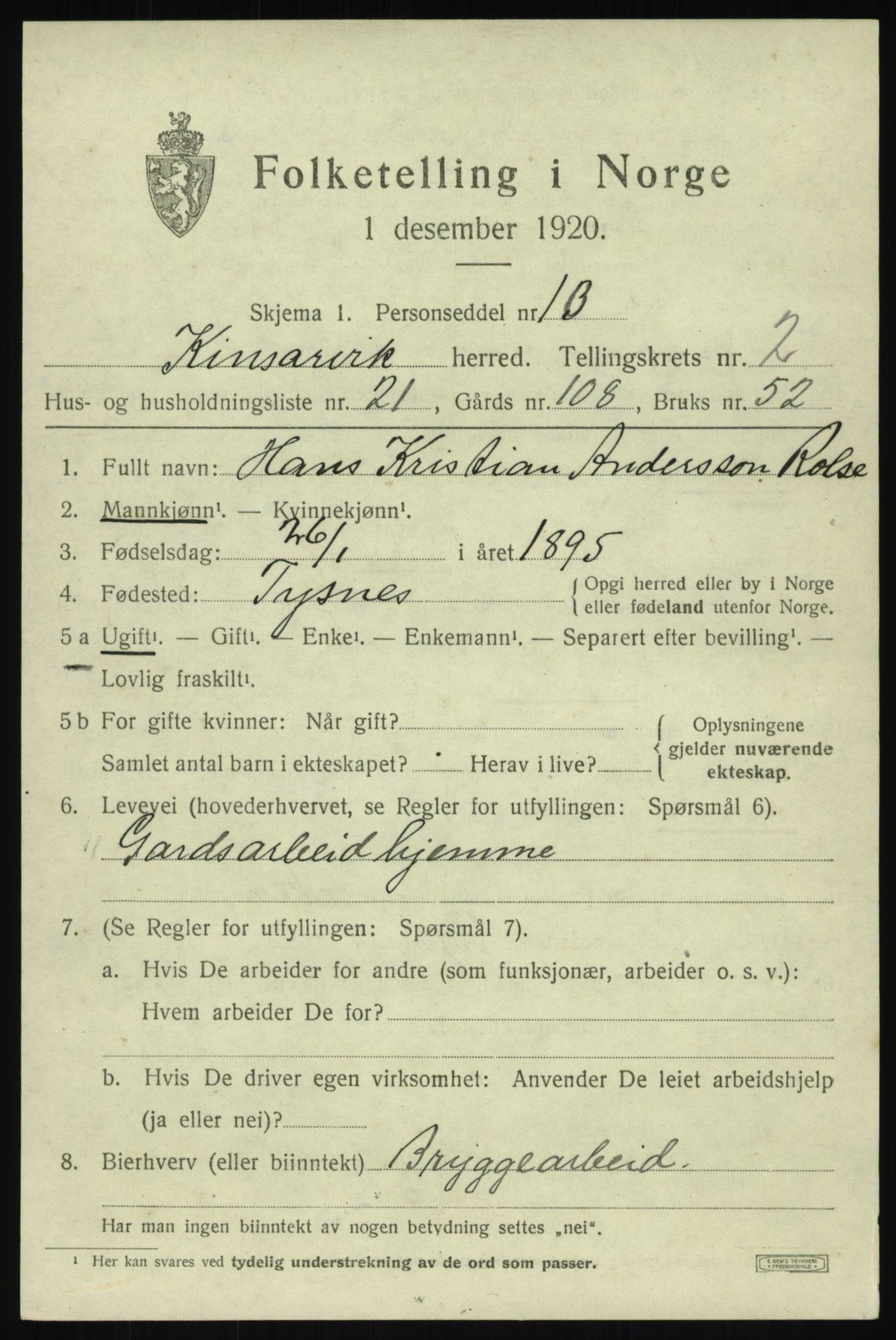 SAB, 1920 census for Kinsarvik, 1920, p. 1596