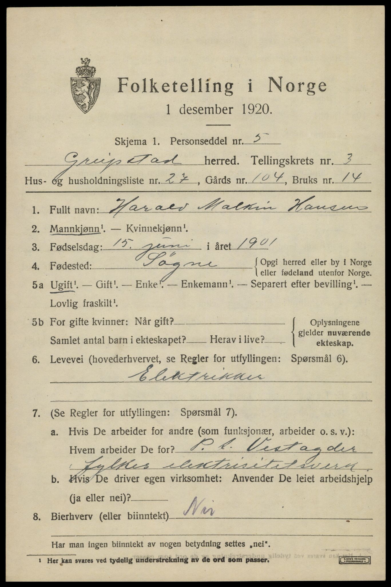 SAK, 1920 census for Greipstad, 1920, p. 1496