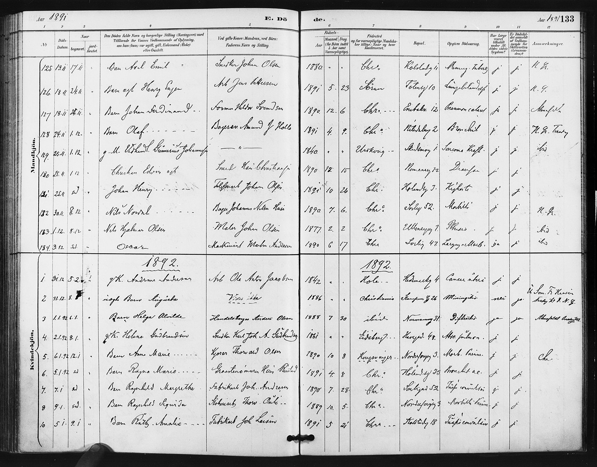 Kampen prestekontor Kirkebøker, AV/SAO-A-10853/F/Fa/L0006: Parish register (official) no. I 6, 1889-1896, p. 133