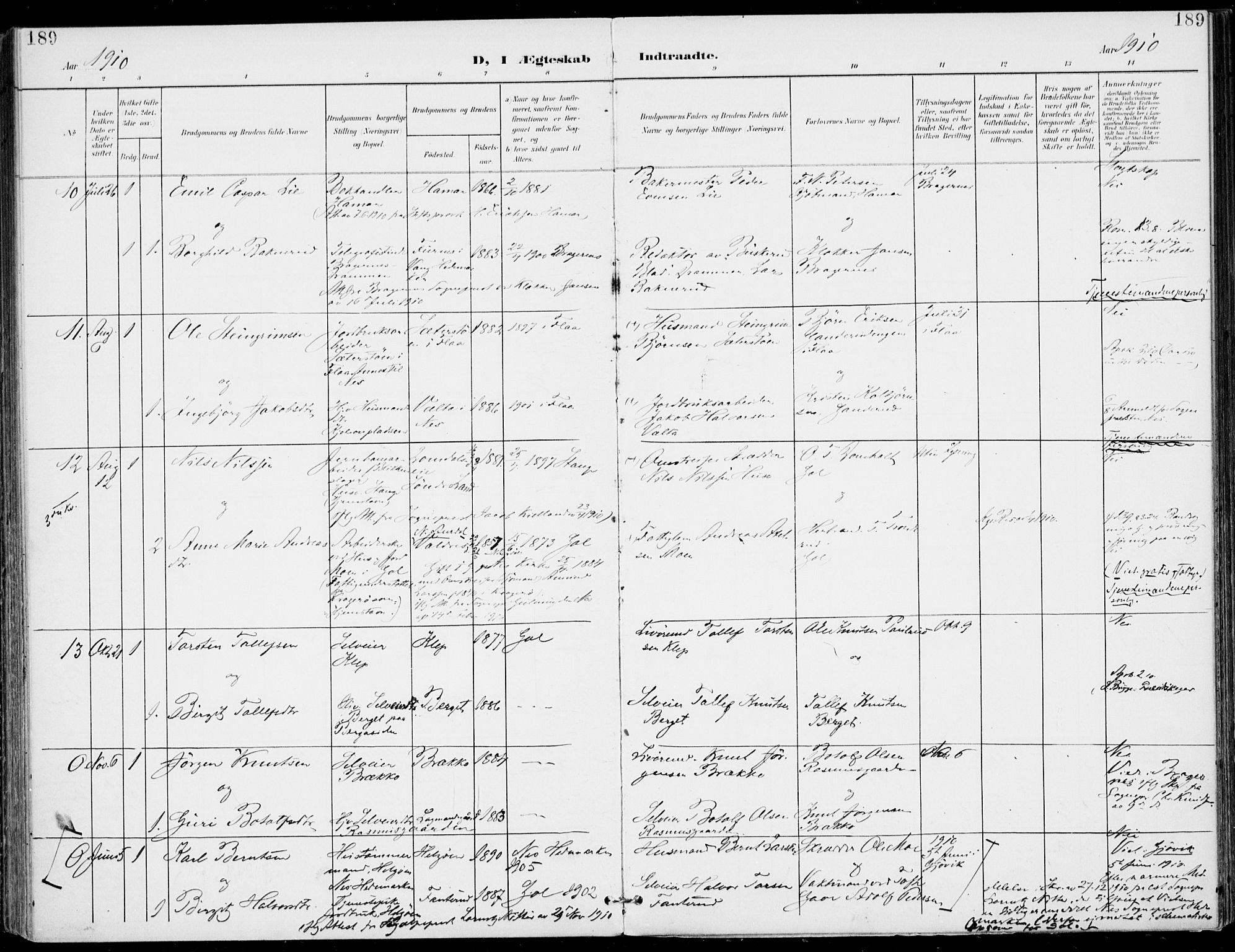 Gol kirkebøker, SAKO/A-226/F/Fa/L0006: Parish register (official) no. I 6, 1901-1918, p. 189