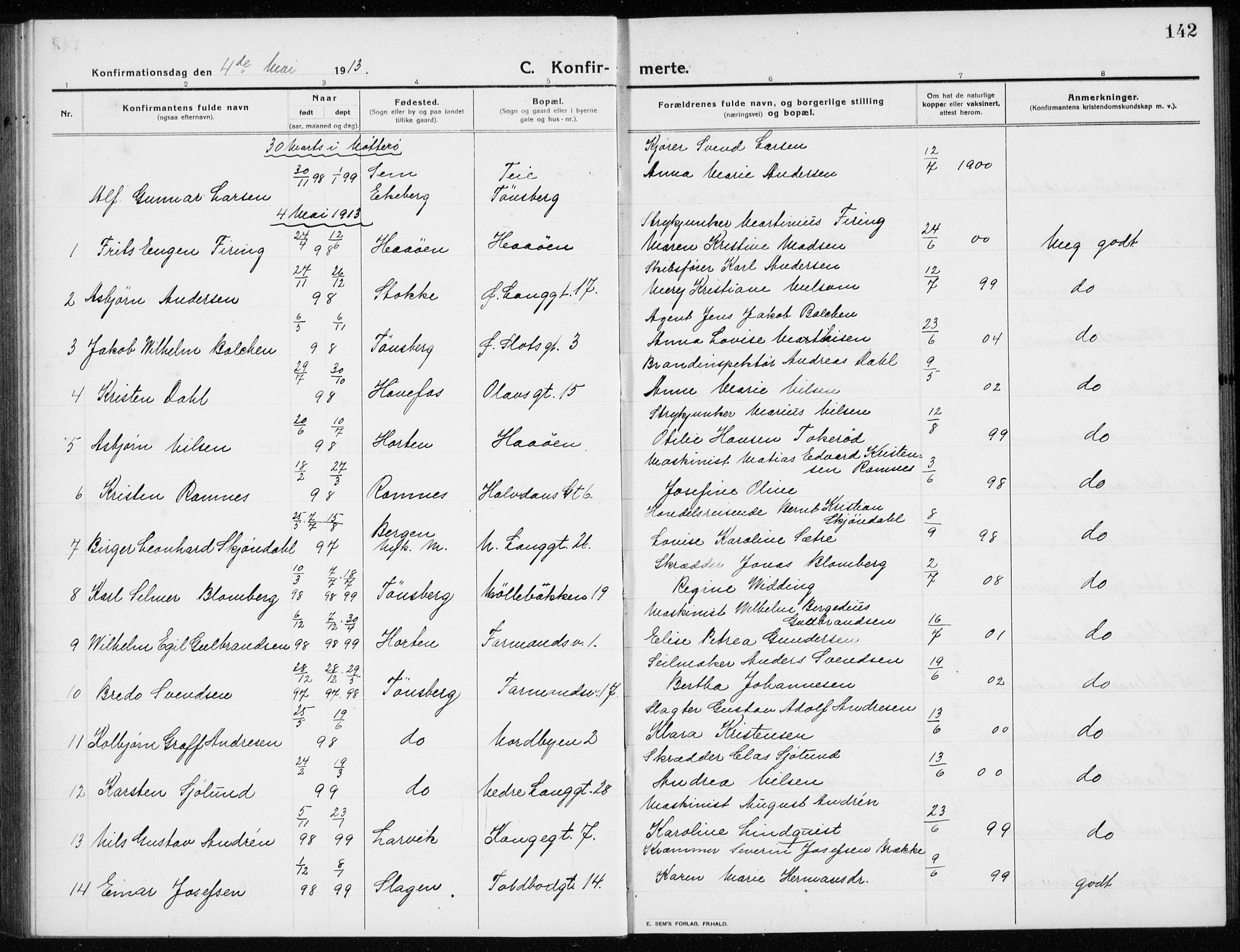 Tønsberg kirkebøker, SAKO/A-330/G/Ga/L0009: Parish register (copy) no. 9, 1913-1920, p. 142