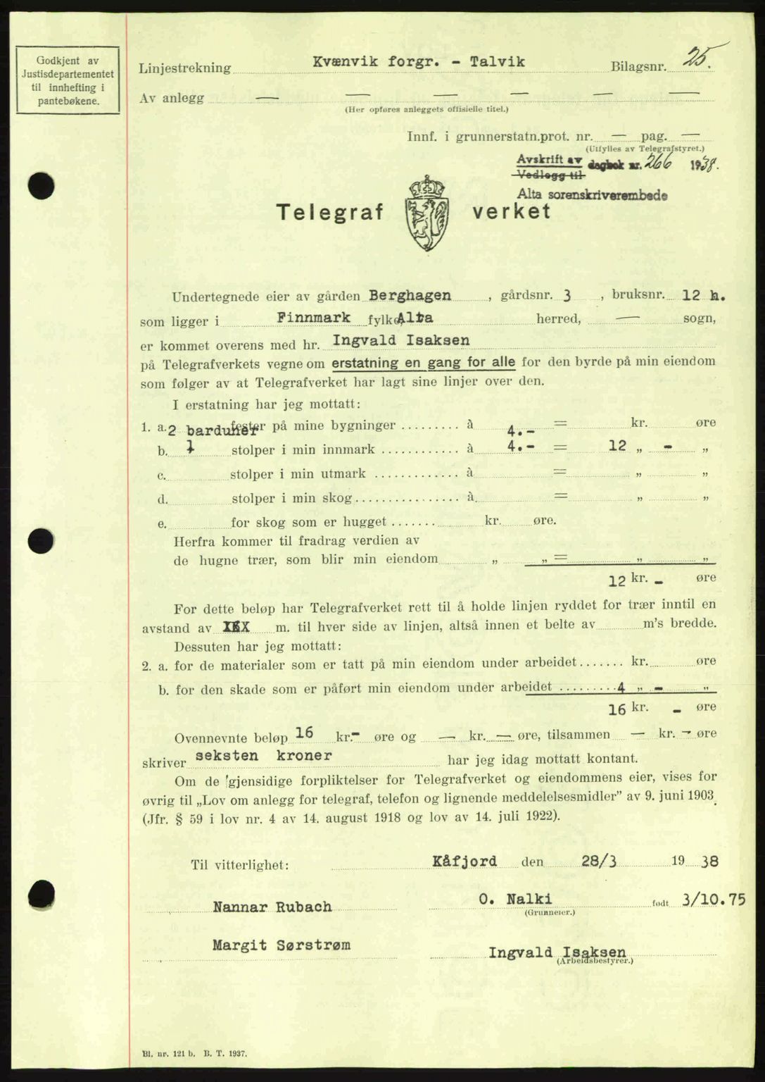 Alta fogderi/sorenskriveri, SATØ/SATØ-5/1/K/Kd/L0031pantebok: Mortgage book no. 31, 1938-1939, Diary no: : 266/1938