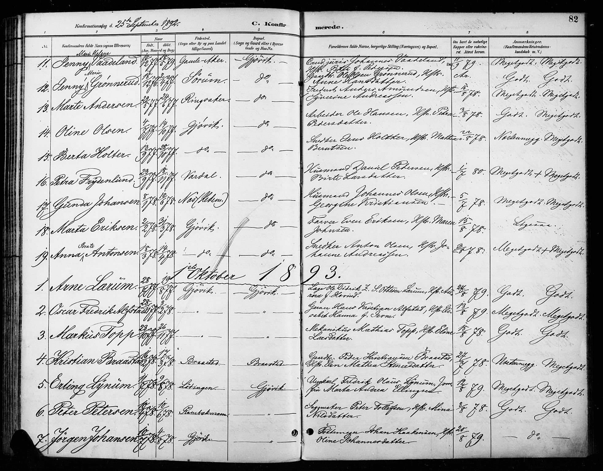 Vardal prestekontor, SAH/PREST-100/H/Ha/Haa/L0011: Parish register (official) no. 11, 1891-1901, p. 82