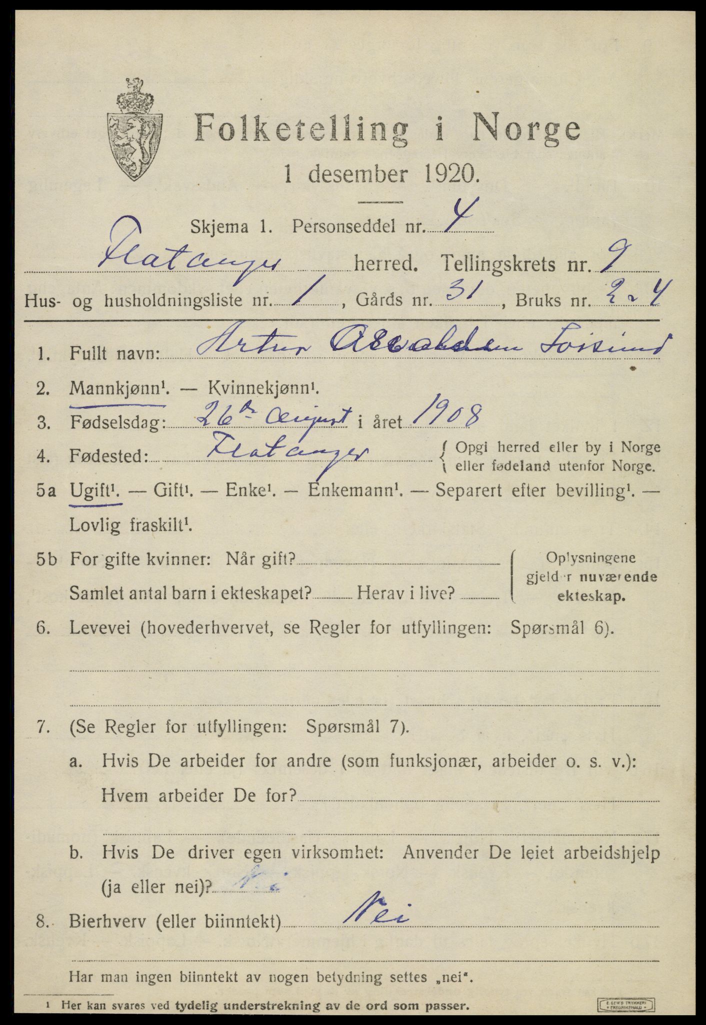 SAT, 1920 census for Flatanger, 1920, p. 4154