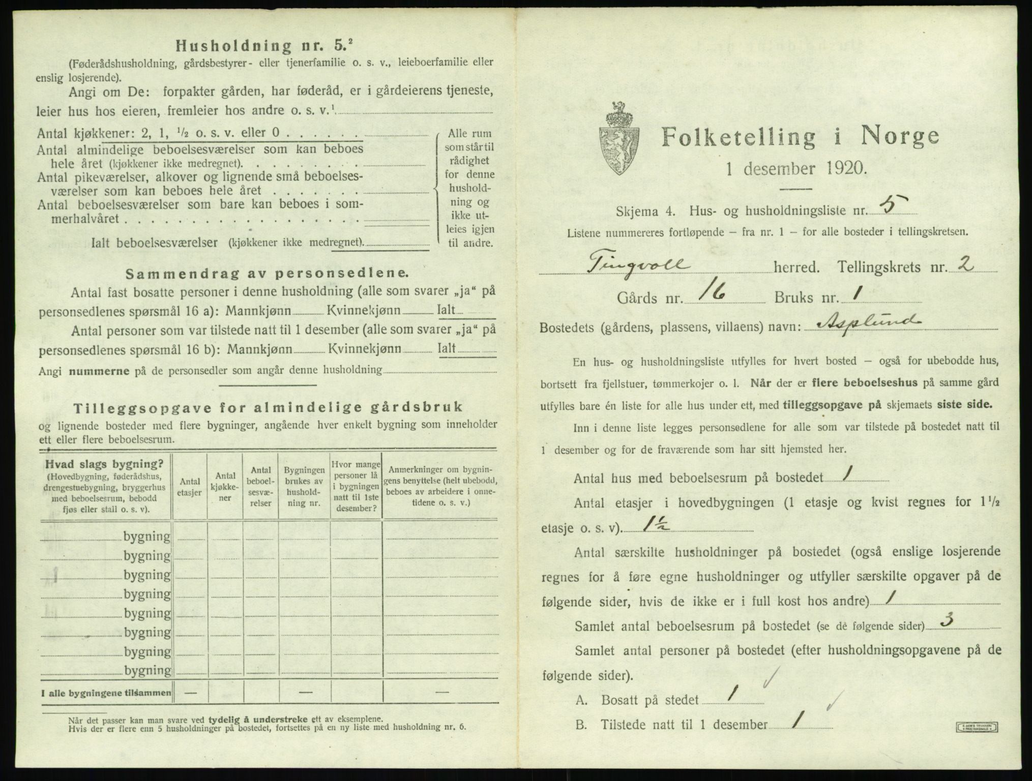 SAT, 1920 census for Tingvoll, 1920, p. 86