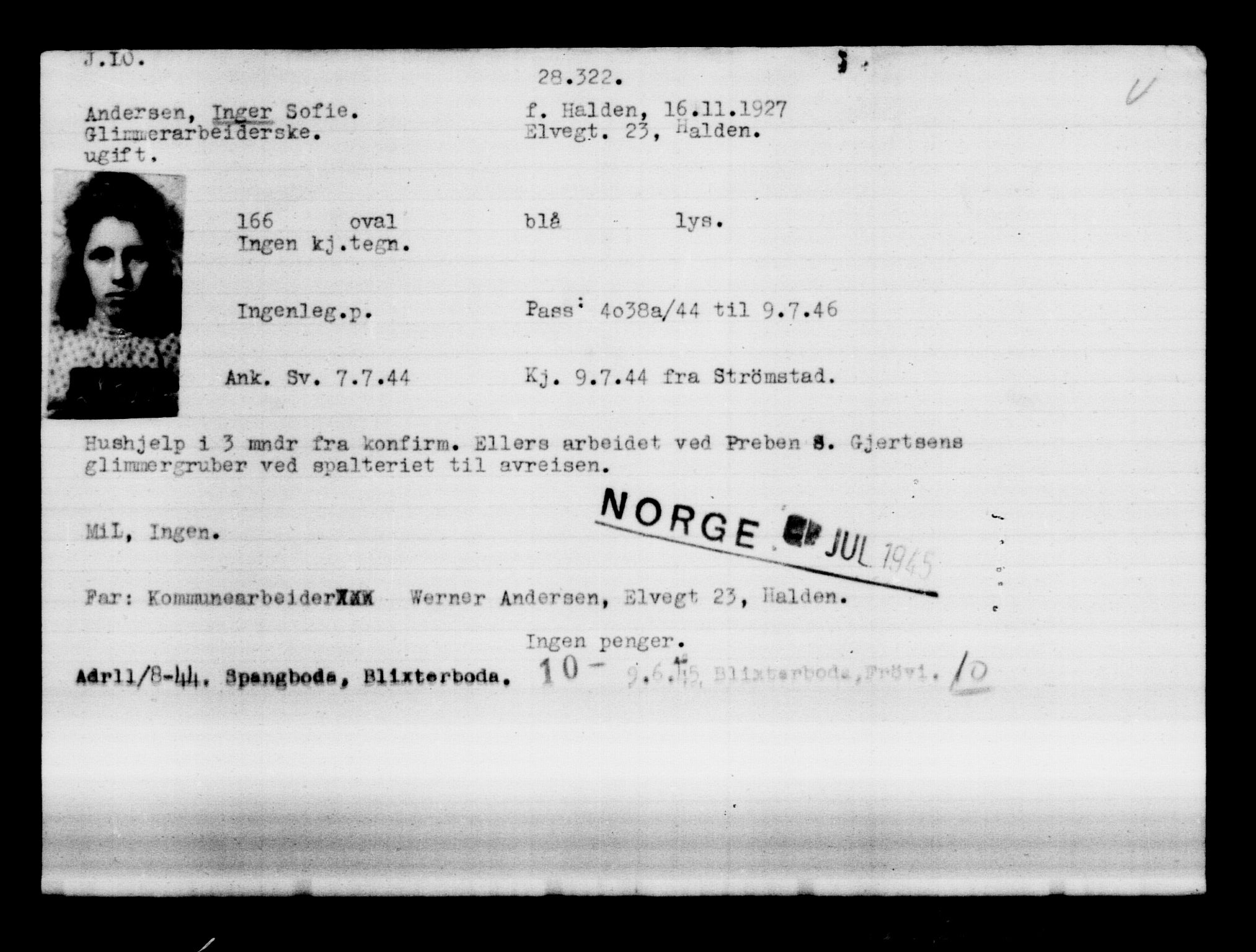 Utenriksstasjonene, Legasjonen i Stockholm, Flyktningkontoret, AV/RA-S-6753/V/Va/L0012: Kjesäterkartoteket, flyktninger med registreringsnr. 28300-31566, 1940-1945, p. 24
