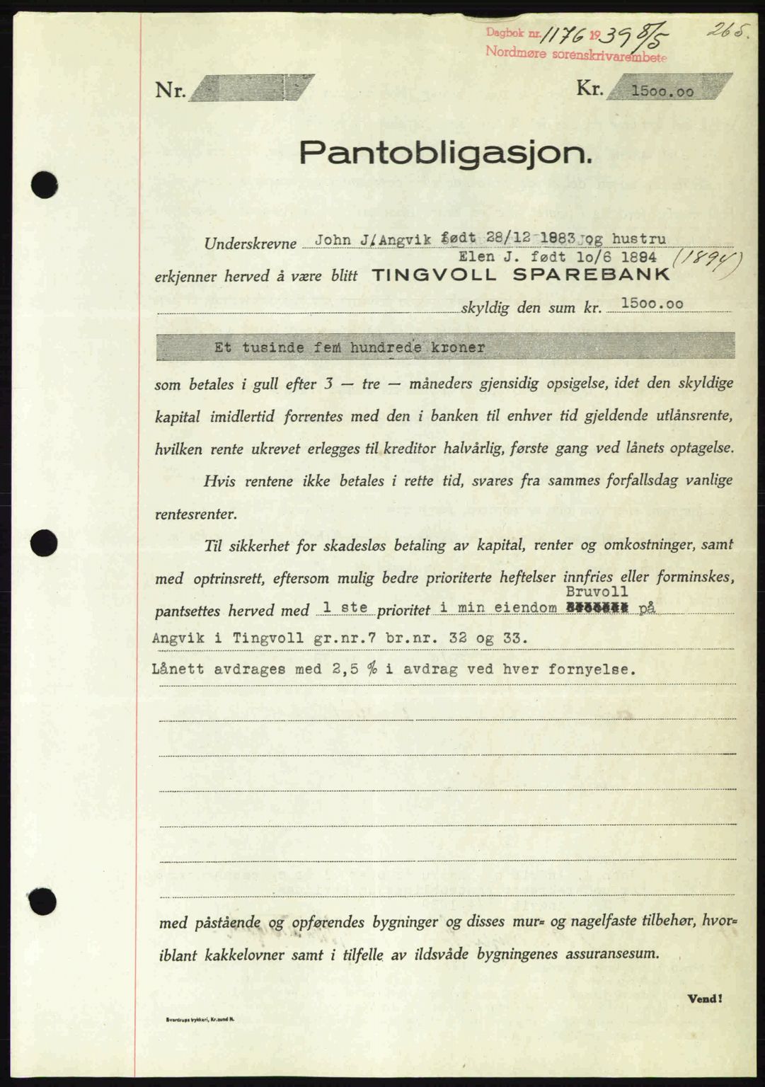 Nordmøre sorenskriveri, AV/SAT-A-4132/1/2/2Ca: Mortgage book no. B85, 1939-1939, Diary no: : 1176/1939