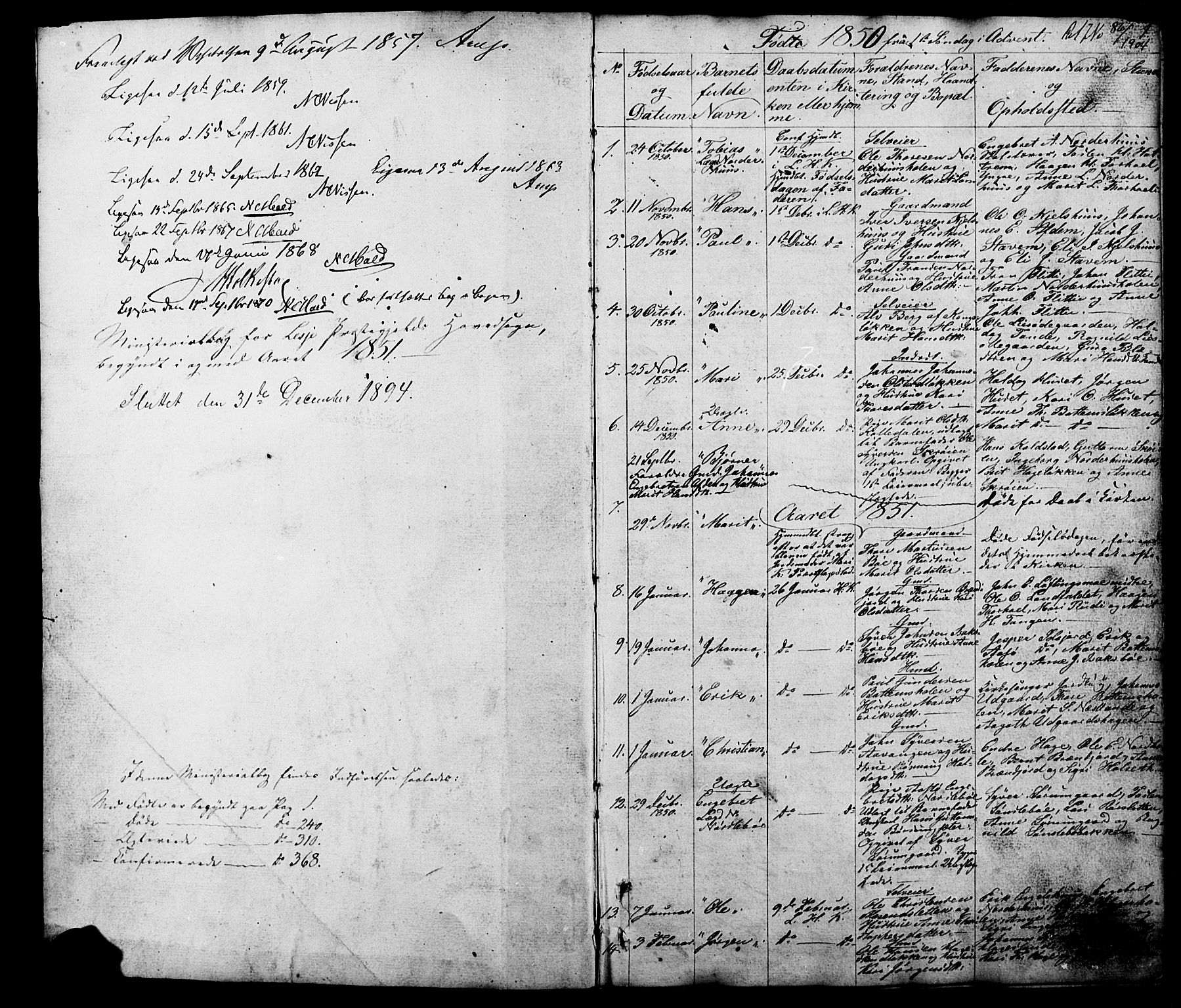Lesja prestekontor, SAH/PREST-068/H/Ha/Hab/L0005: Parish register (copy) no. 5, 1850-1894, p. 1-2