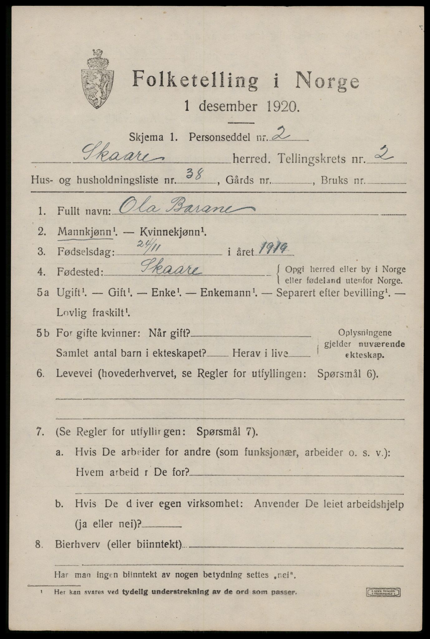 SAST, 1920 census for Skåre, 1920, p. 1620