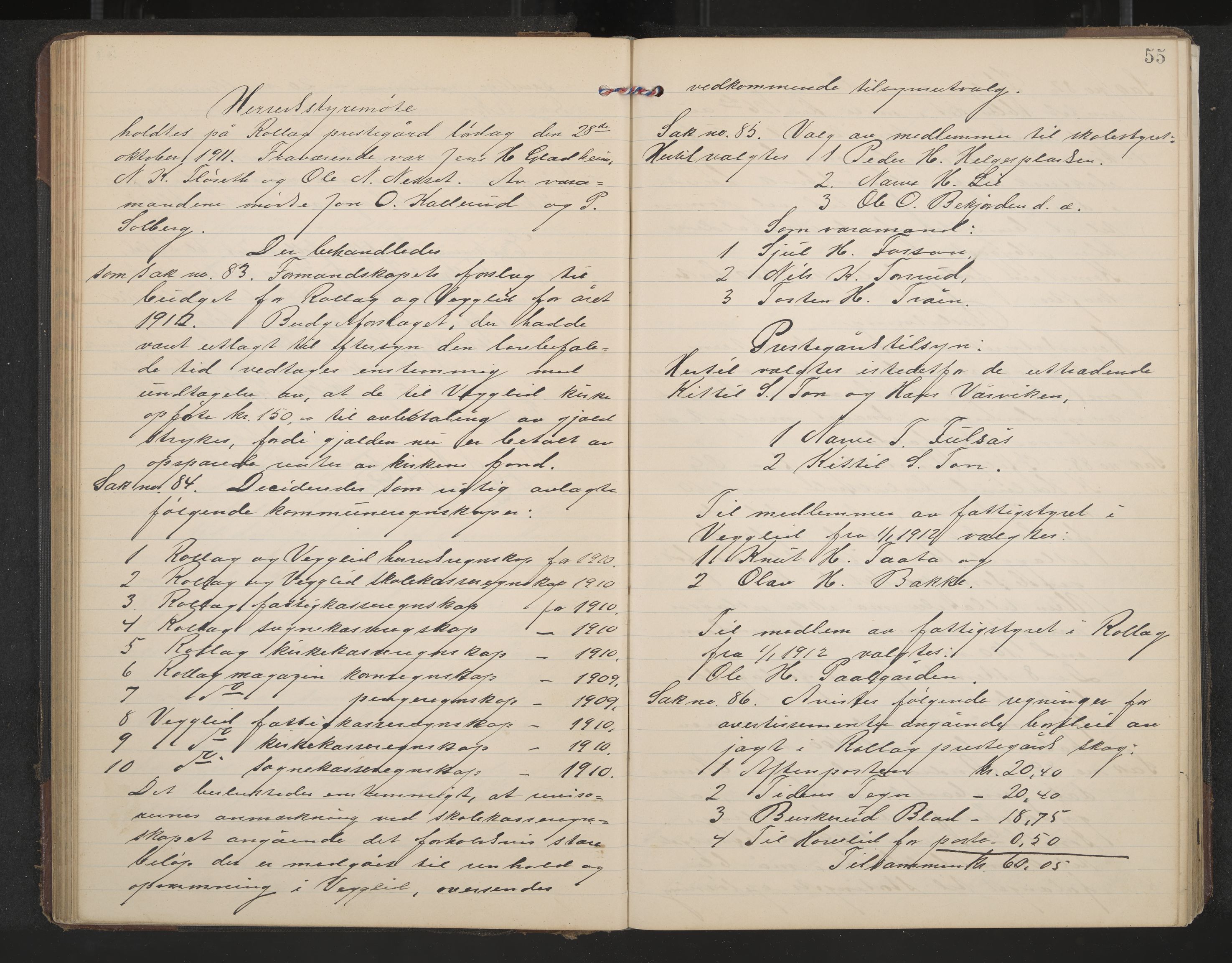 Rollag formannskap og sentraladministrasjon, IKAK/0632021-2/A/Aa/L0005: Møtebok, 1909-1915, p. 55