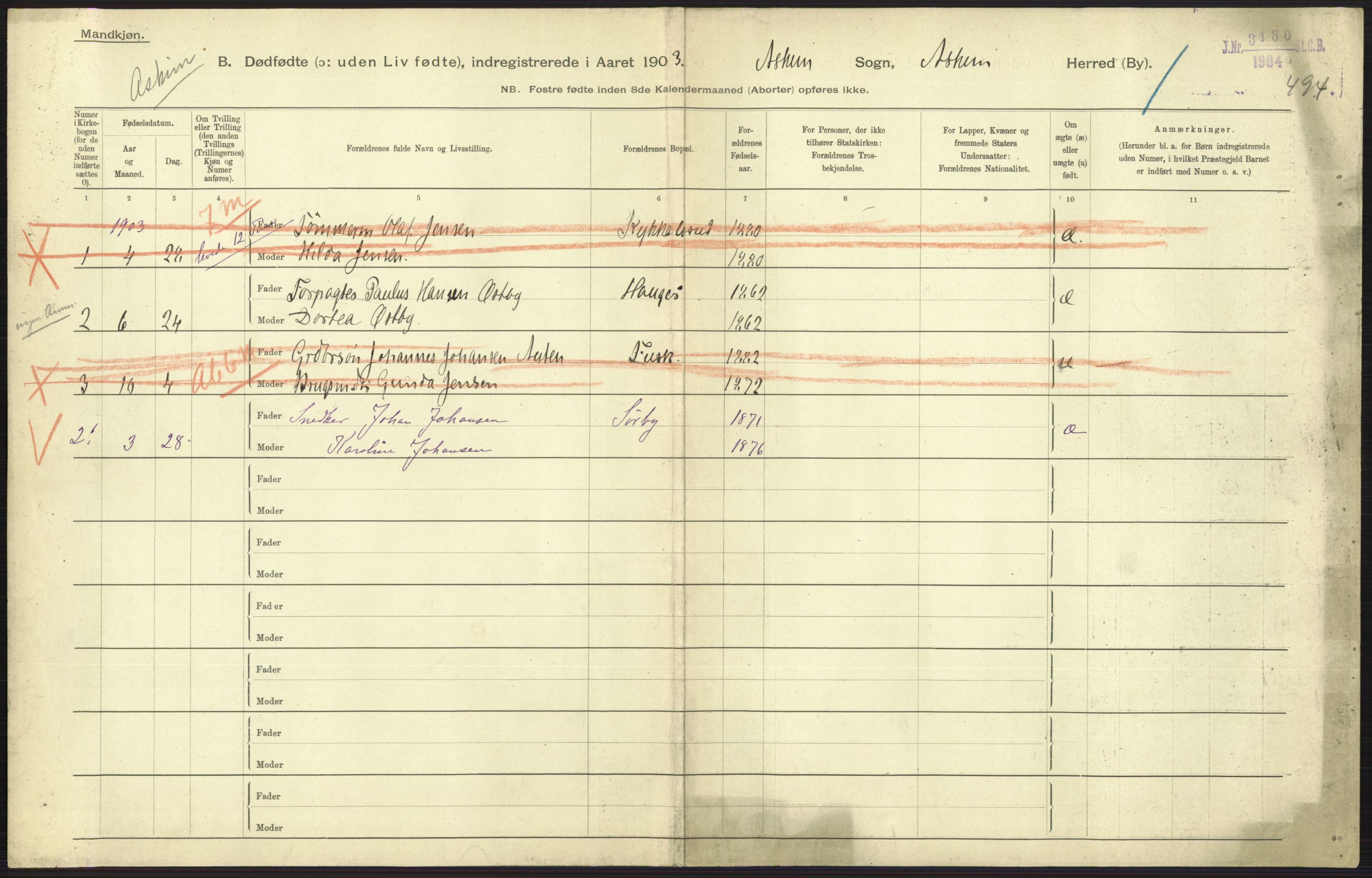 Statistisk sentralbyrå, Sosiodemografiske emner, Befolkning, AV/RA-S-2228/D/Df/Dfa/Dfaa/L0024: Smålenenes - Stavanger amt: Dødfødte. Bygder., 1903, p. 7