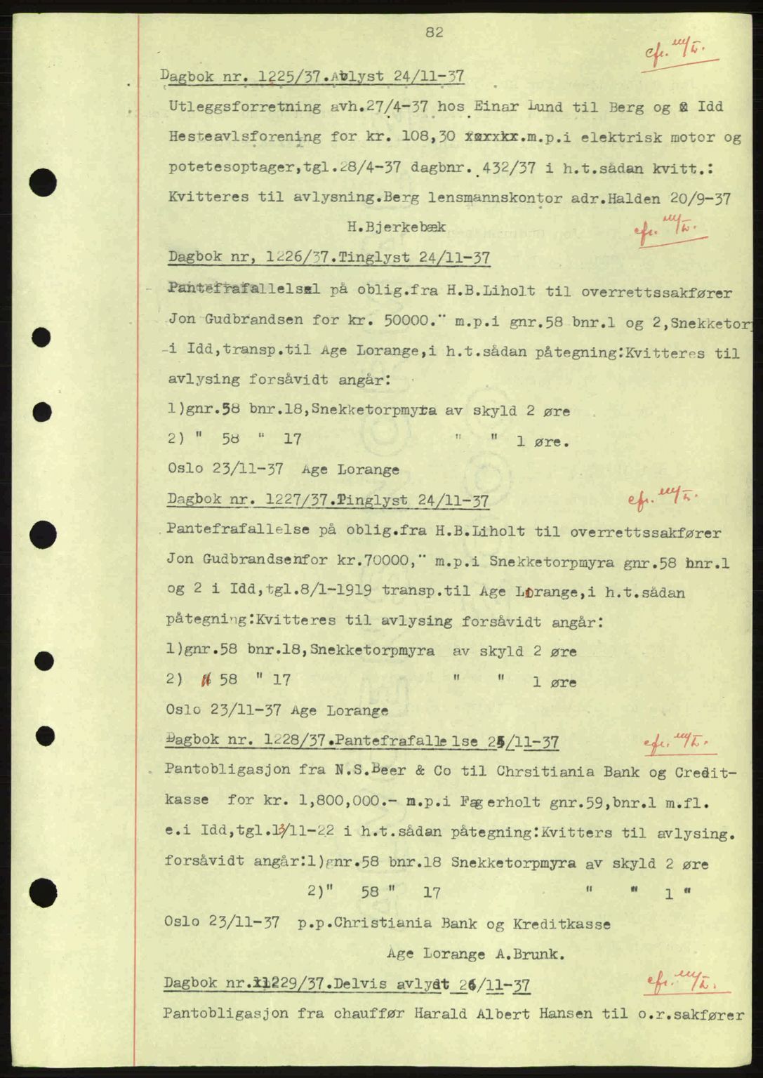 Idd og Marker sorenskriveri, AV/SAO-A-10283/G/Gb/Gbc/L0001: Mortgage book no. B1-3, 1936-1939, Diary no: : 1225/1937