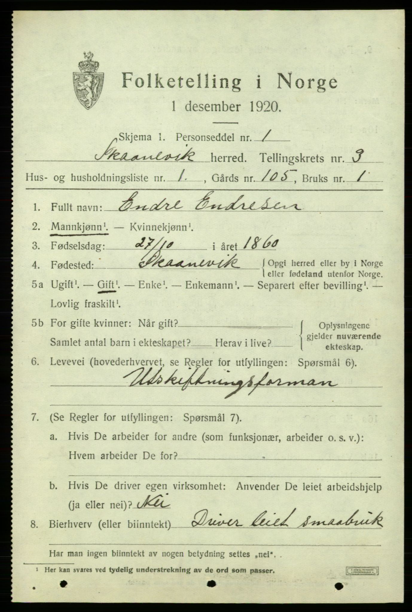 SAB, 1920 census for Skånevik, 1920, p. 2789
