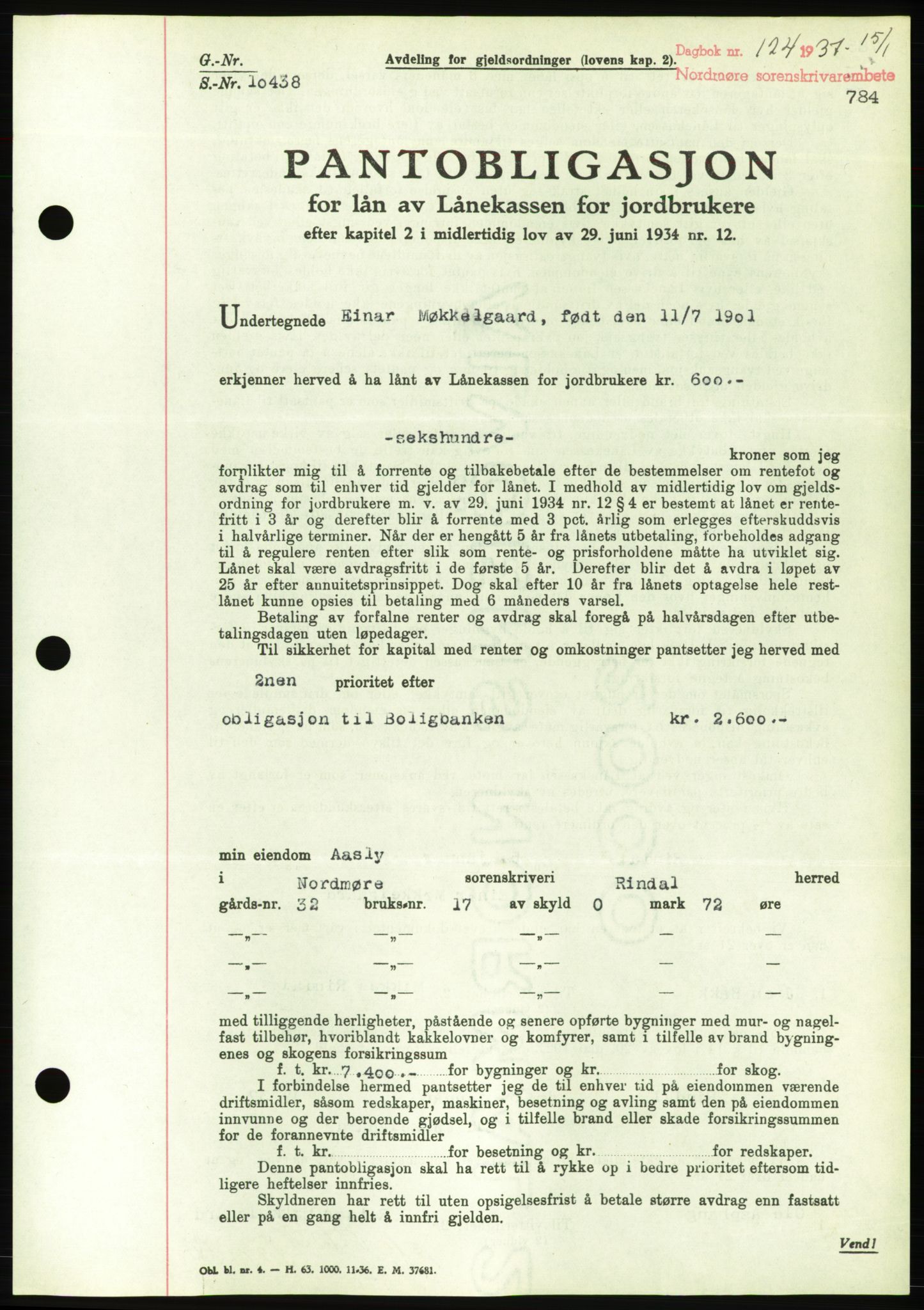 Nordmøre sorenskriveri, AV/SAT-A-4132/1/2/2Ca/L0090: Mortgage book no. B80, 1936-1937, Diary no: : 124/1937