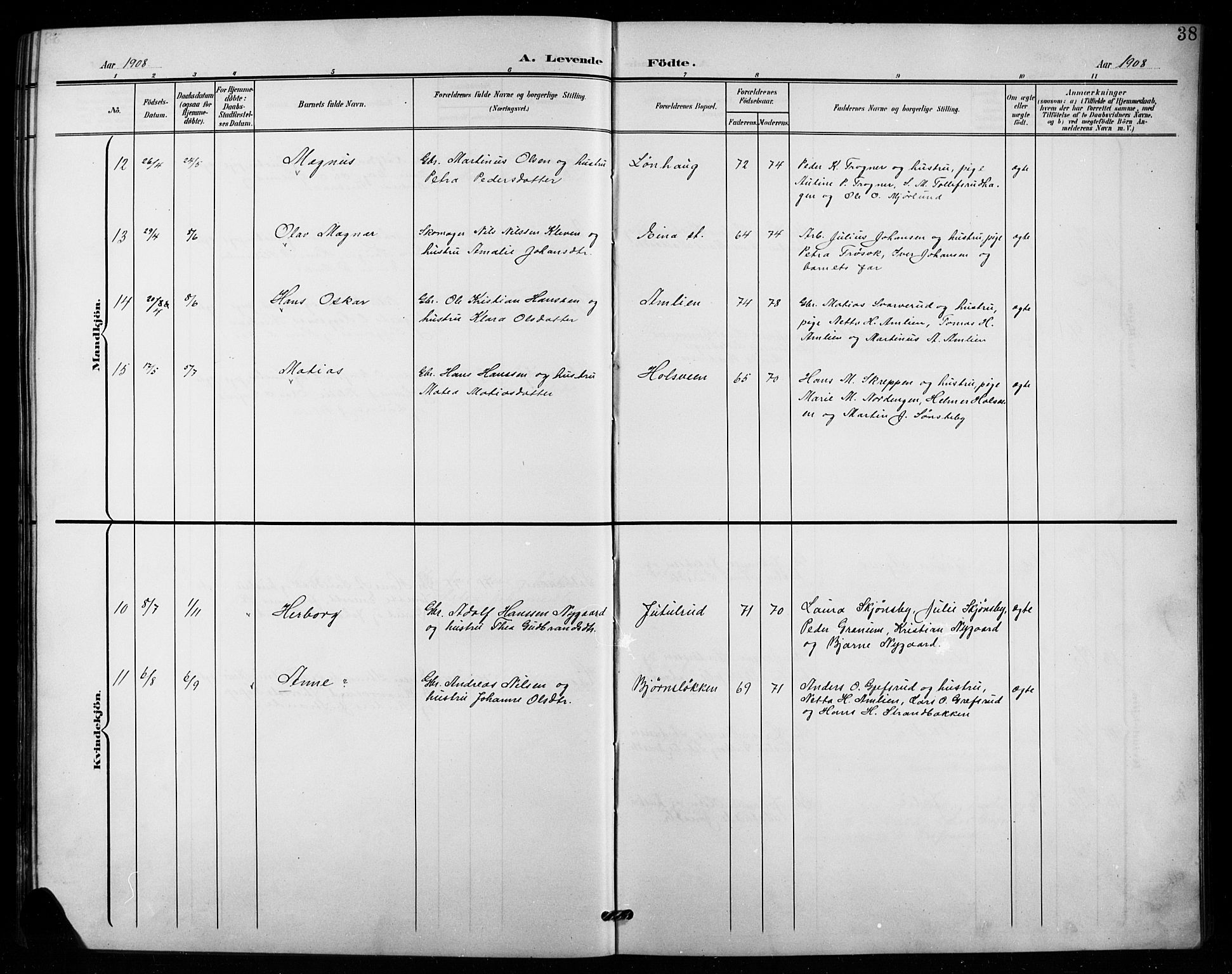 Vestre Toten prestekontor, AV/SAH-PREST-108/H/Ha/Hab/L0016: Parish register (copy) no. 16, 1901-1915, p. 38