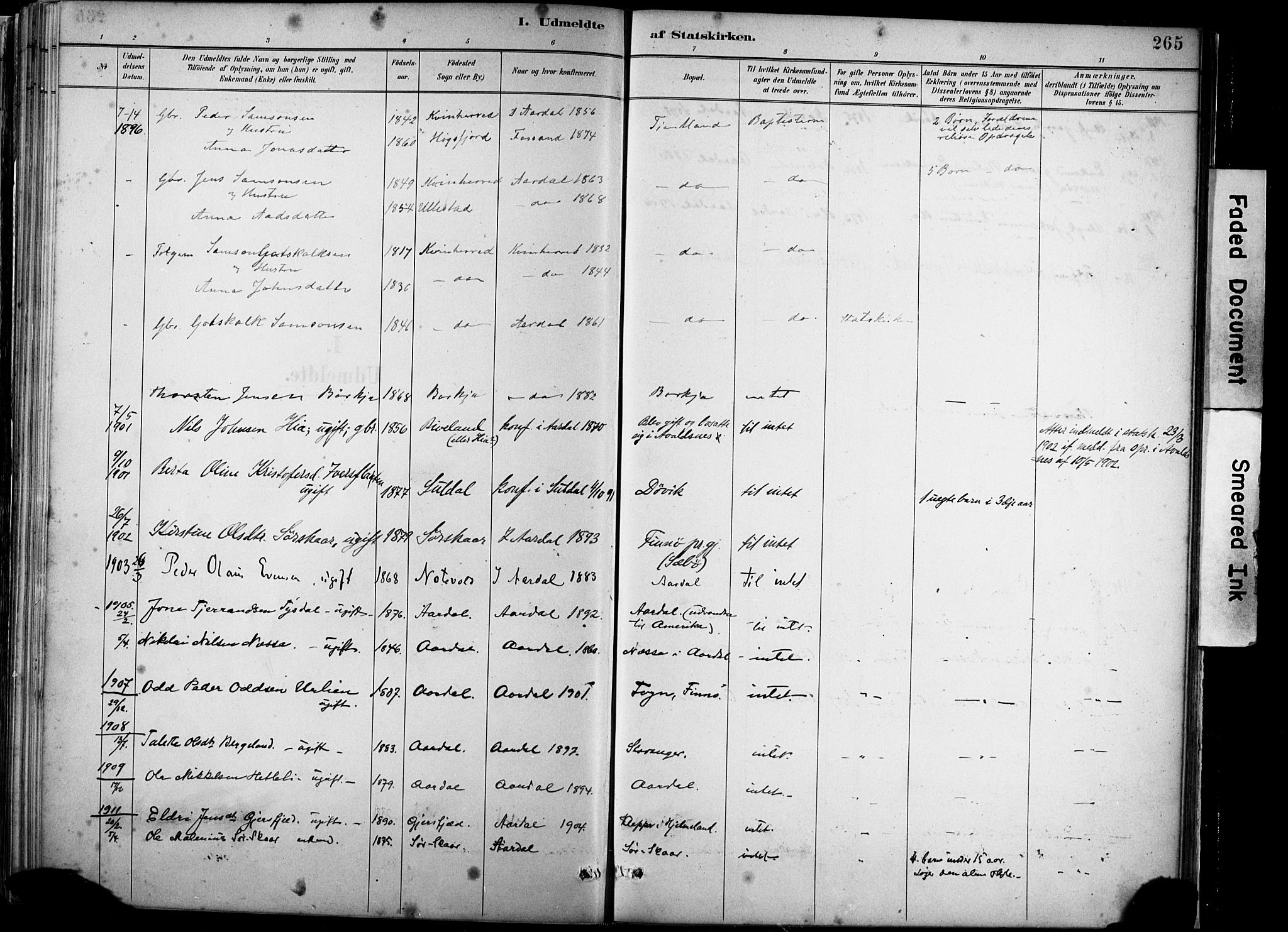 Hjelmeland sokneprestkontor, AV/SAST-A-101843/02/A/L0001: Parish register (official) no. A 16, 1887-1926, p. 265