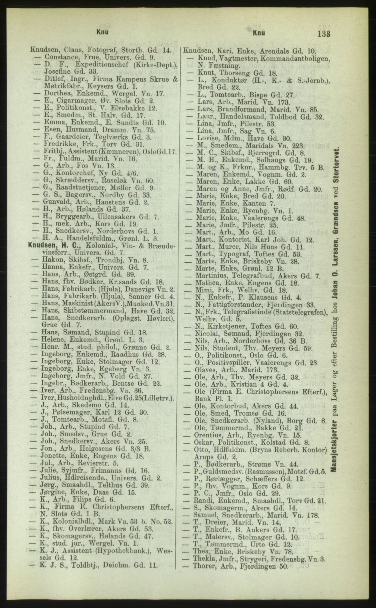 Kristiania/Oslo adressebok, PUBL/-, 1883, p. 133