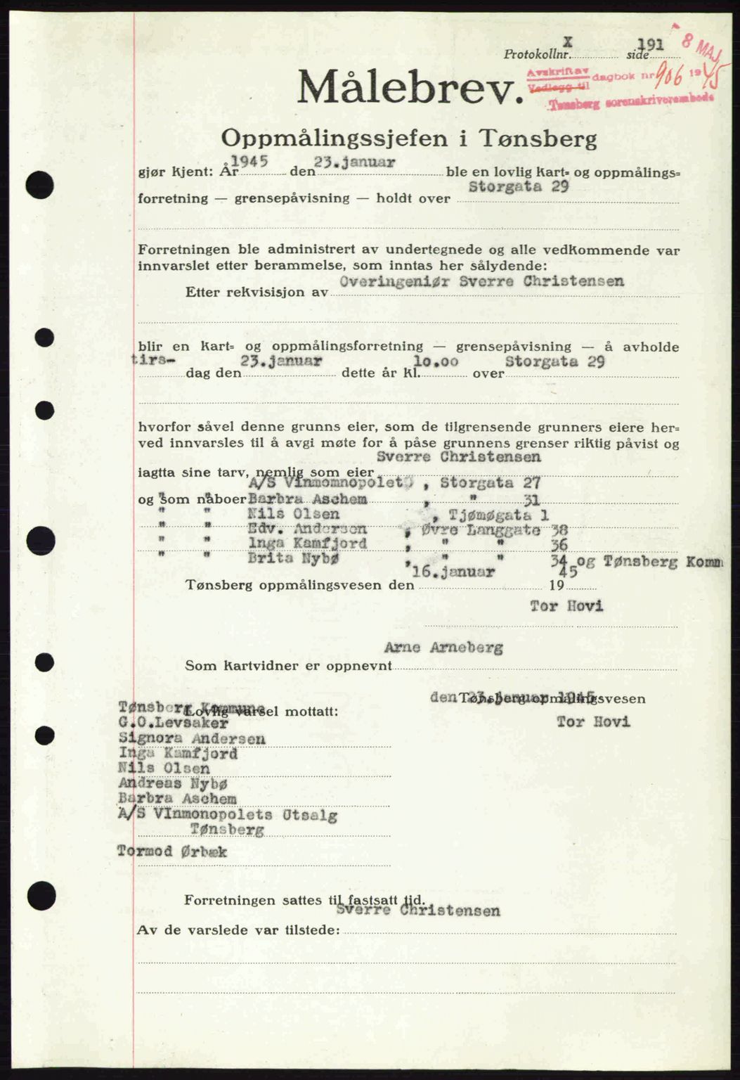 Tønsberg sorenskriveri, AV/SAKO-A-130/G/Ga/Gaa/L0017a: Mortgage book no. A17a, 1945-1945, Diary no: : 906/1945