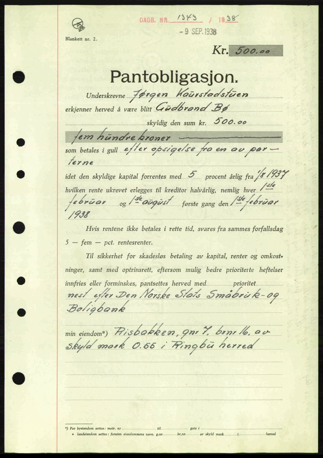 Sør-Gudbrandsdal tingrett, SAH/TING-004/H/Hb/Hbe/L0001: Mortgage book no. B1, 1936-1939, Diary no: : 1343/1938