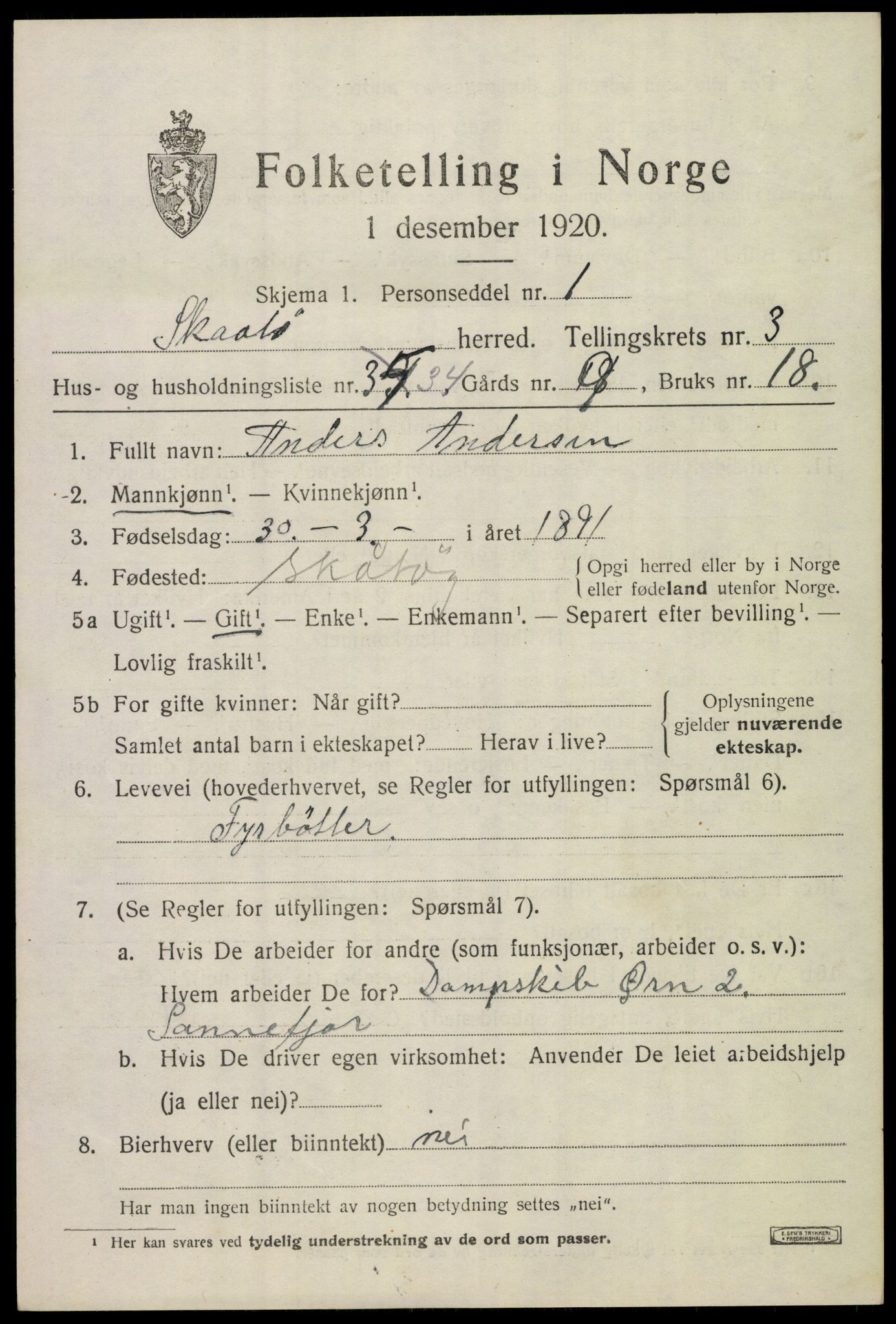 SAKO, 1920 census for Skåtøy, 1920, p. 3070