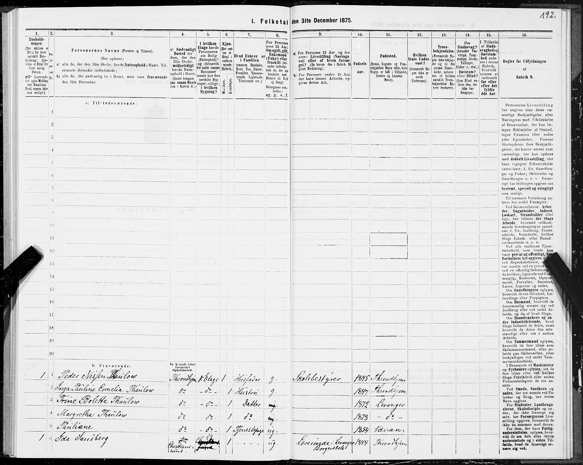 SAT, 1875 census for 1701B Levanger/Levanger, 1875, p. 192