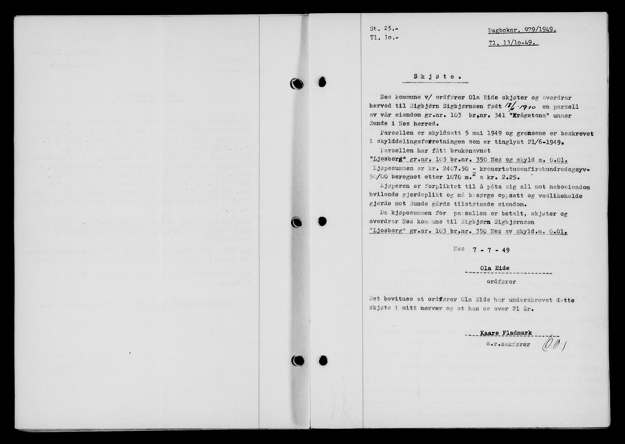 Flekkefjord sorenskriveri, SAK/1221-0001/G/Gb/Gba/L0065: Mortgage book no. A-13, 1949-1949, Diary no: : 979/1949