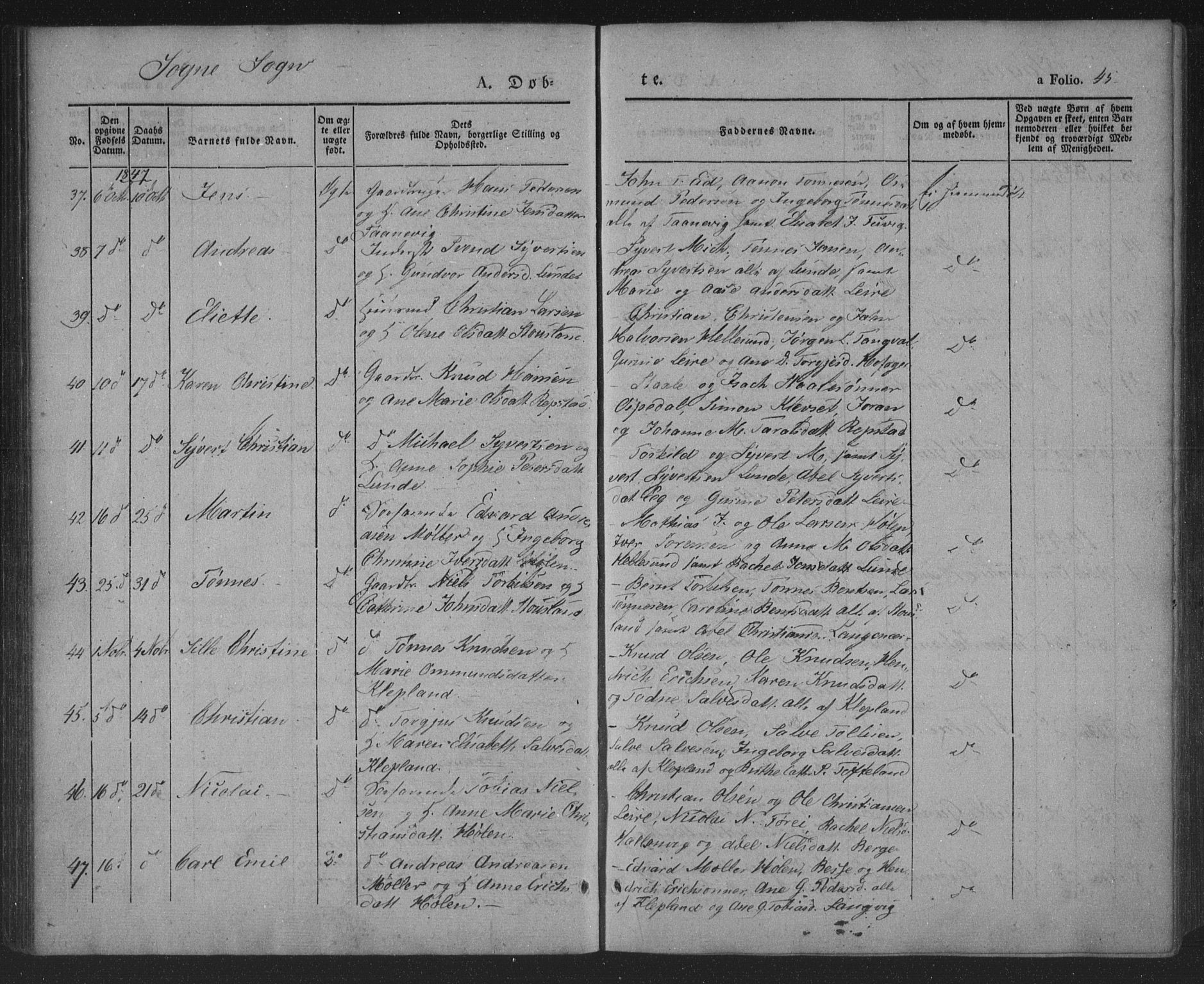 Søgne sokneprestkontor, AV/SAK-1111-0037/F/Fa/Fab/L0009: Parish register (official) no. A 9, 1838-1853, p. 45