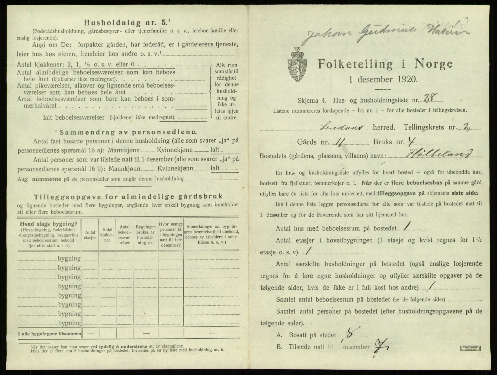 SAB, 1920 census for Lindås, 1920, p. 146