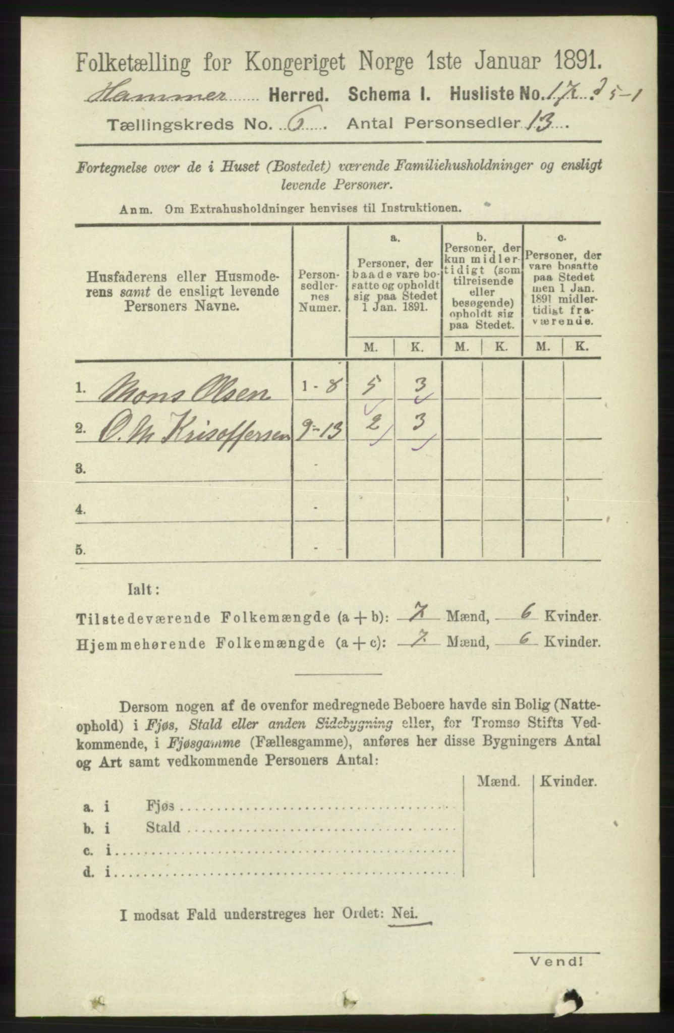 RA, 1891 census for 1254 Hamre, 1891, p. 1536
