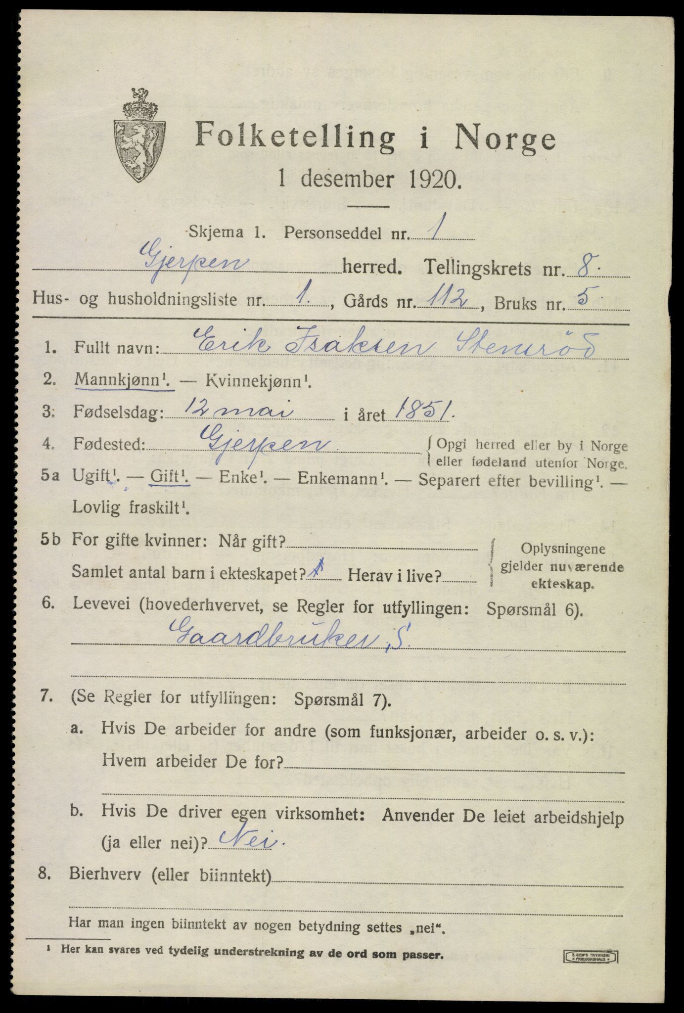 SAKO, 1920 census for Gjerpen, 1920, p. 9532