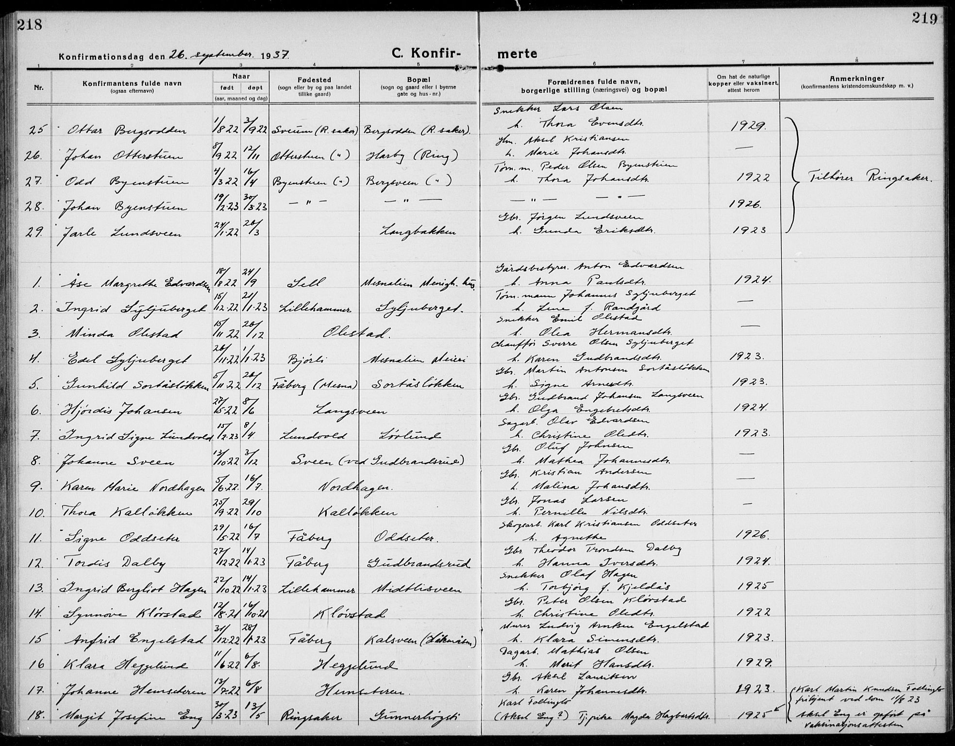 Brøttum prestekontor, AV/SAH-PREST-016/L/La/L0001: Parish register (copy) no. 1, 1921-1941, p. 218-219