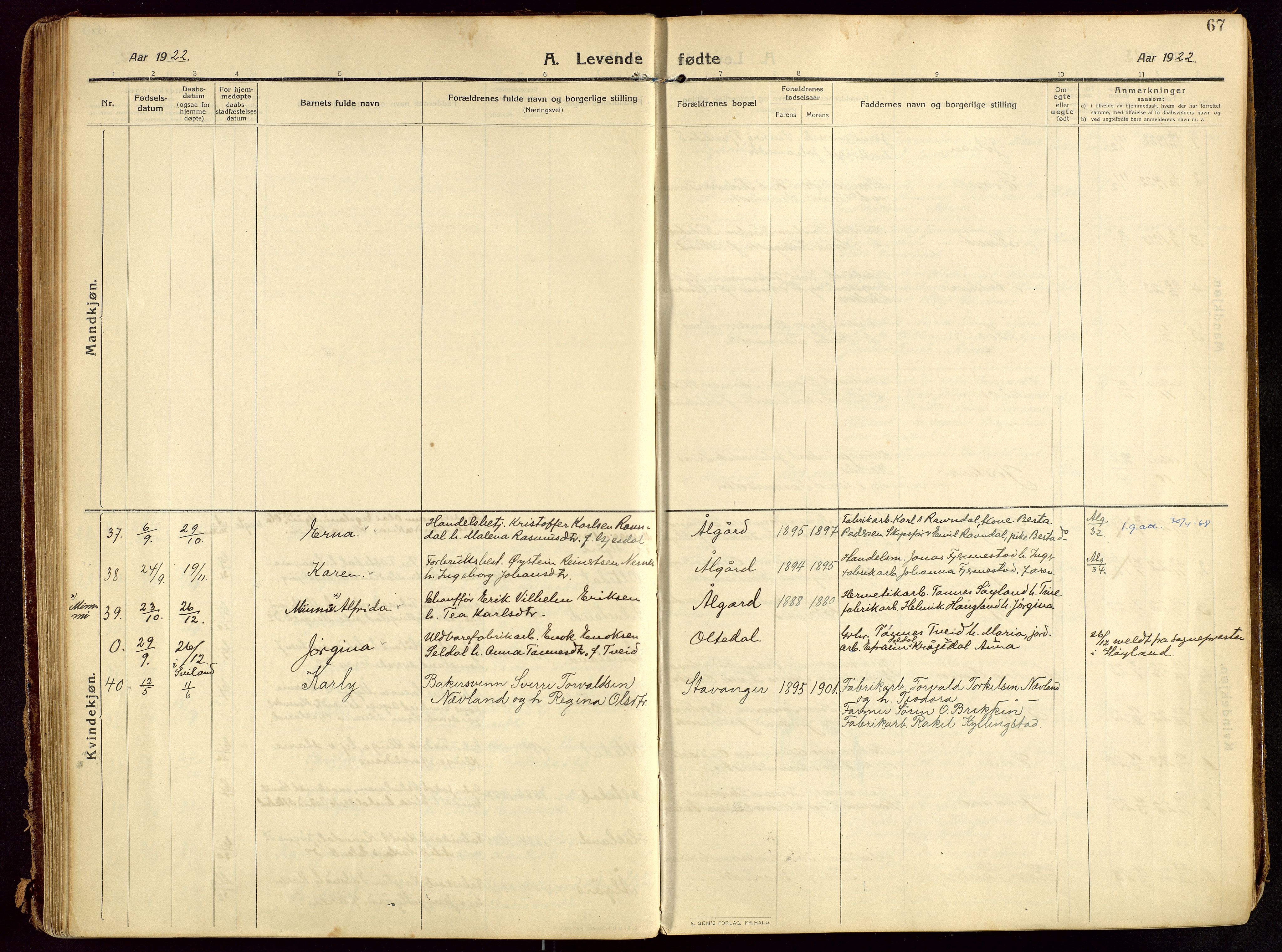 Lye sokneprestkontor, AV/SAST-A-101794/002/B/L0001: Parish register (official) no. A 13, 1910-1925, p. 67