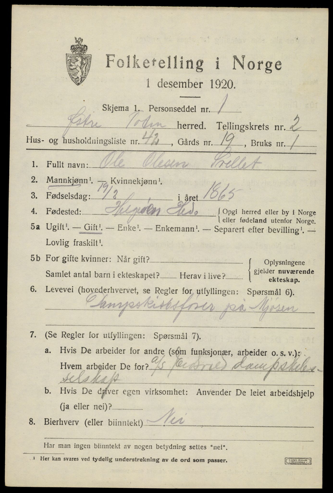 SAH, 1920 census for Østre Toten, 1920, p. 4730