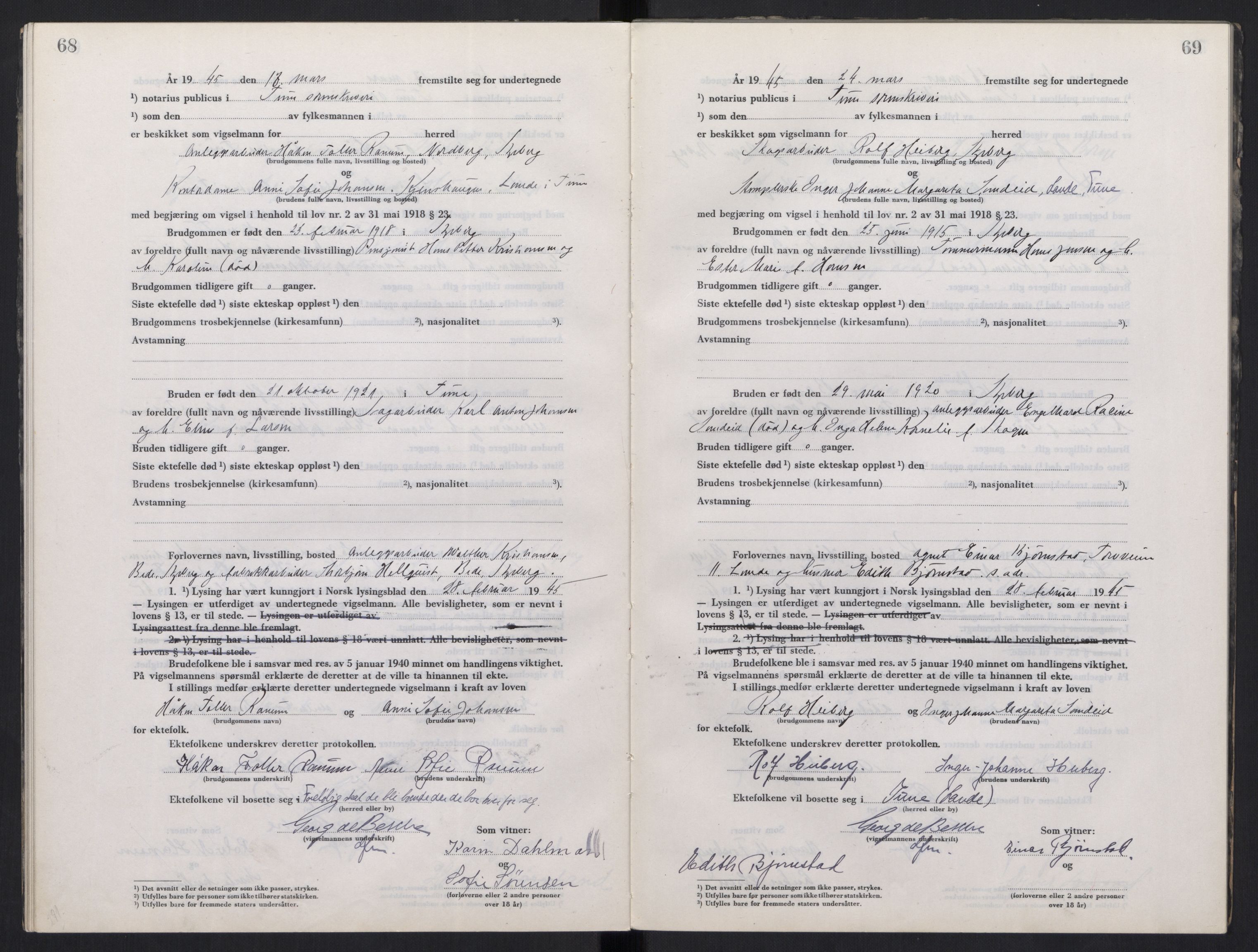 Tune sorenskriveri, AV/SAO-A-10470/L/Lb/L0003: Vigselprotokoll, 1944-1951, p. 68-69