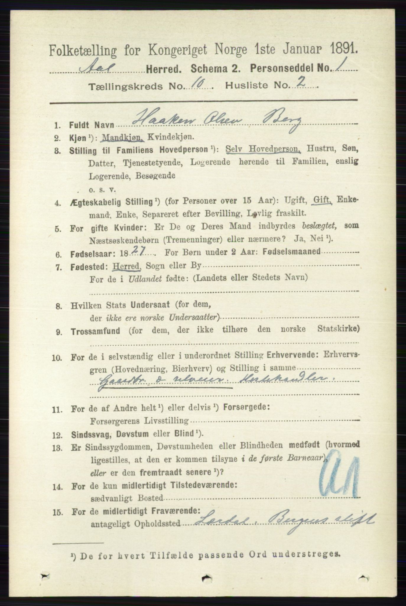 RA, 1891 census for 0619 Ål, 1891, p. 2699