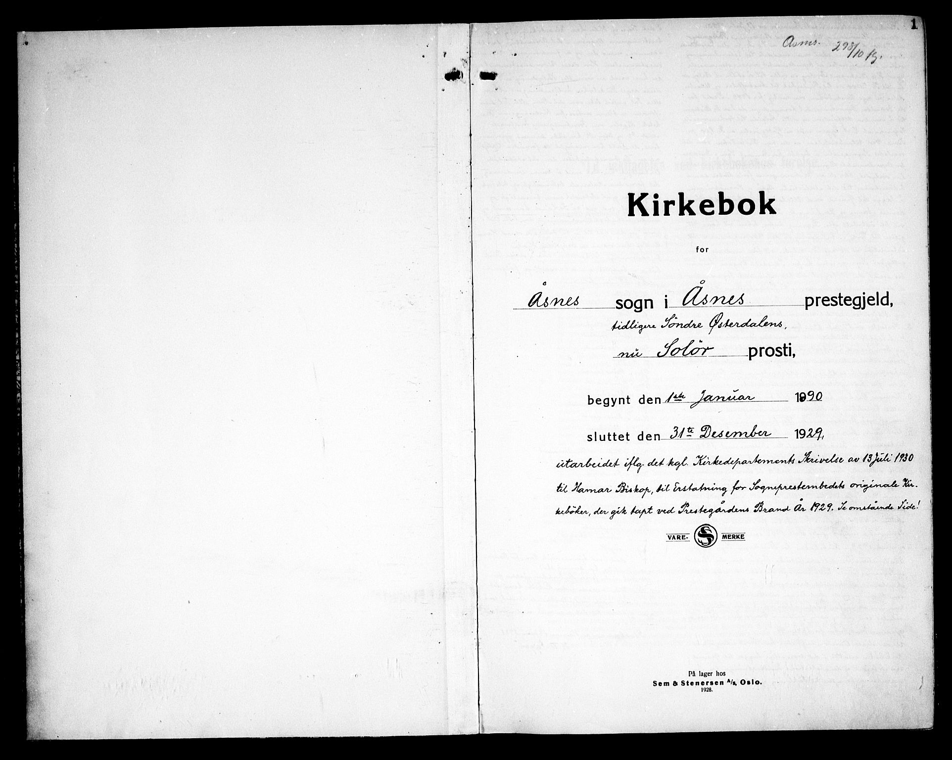 Åsnes prestekontor, AV/SAH-PREST-042/H/Ha/Haa/L0000C: Parish register (official) no. 0A, 1890-1929, p. 1