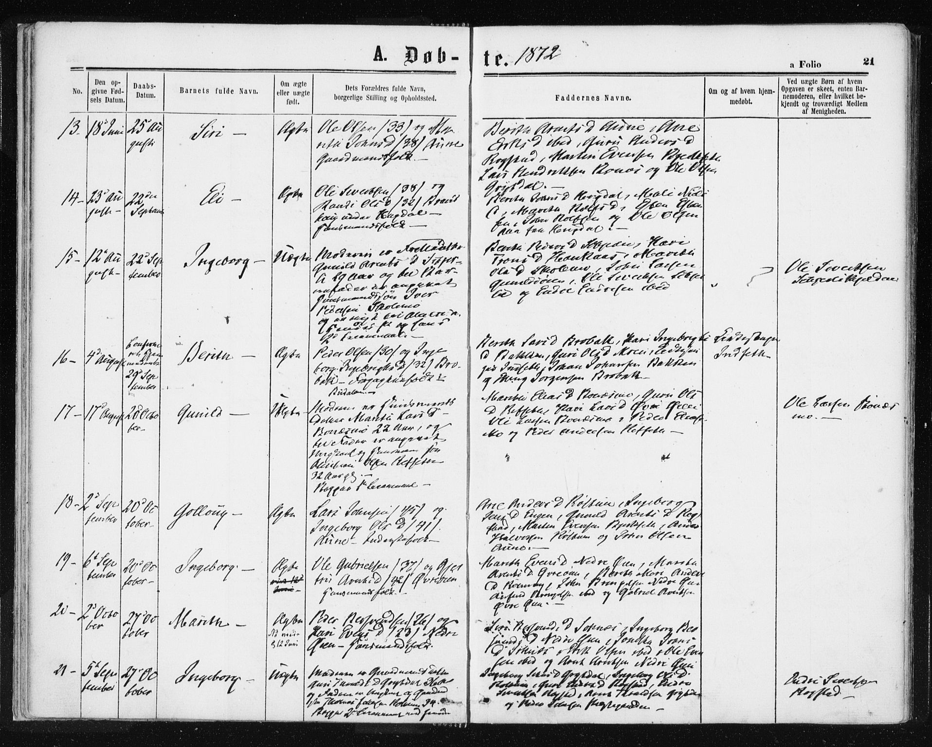 Ministerialprotokoller, klokkerbøker og fødselsregistre - Sør-Trøndelag, SAT/A-1456/687/L1001: Parish register (official) no. 687A07, 1863-1878, p. 21