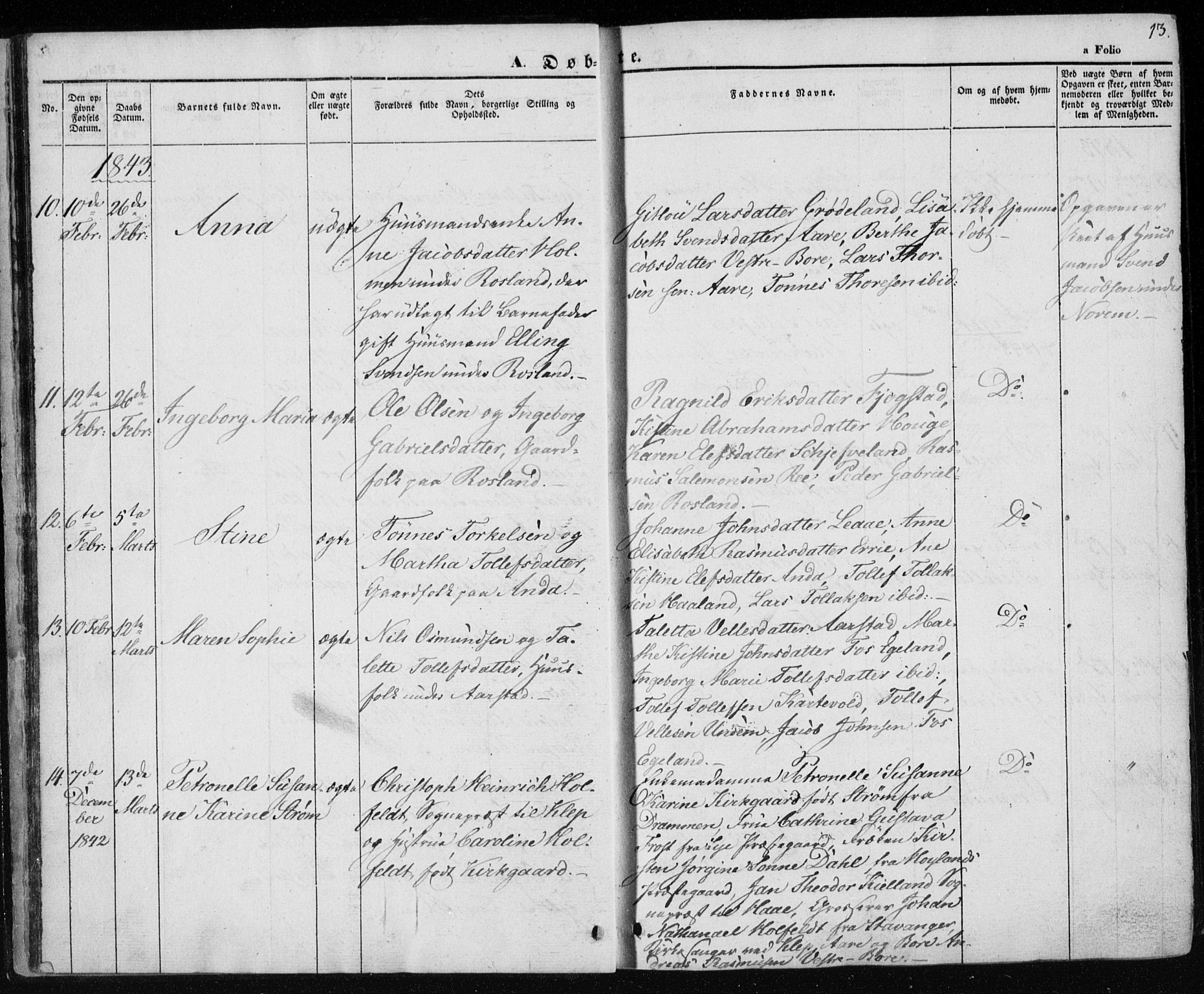 Klepp sokneprestkontor, SAST/A-101803/001/3/30BA/L0004: Parish register (official) no. A 4, 1842-1852, p. 13