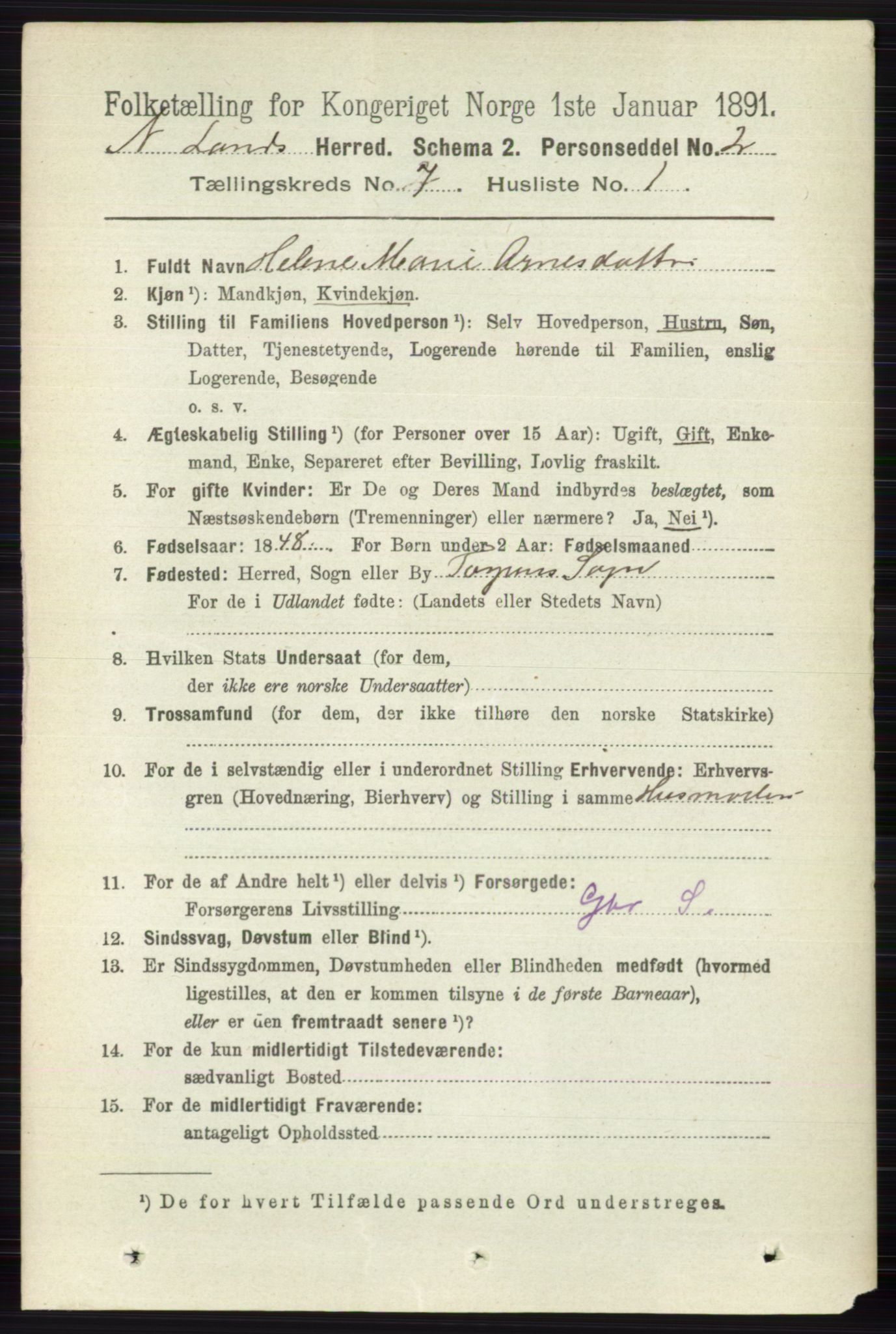 RA, 1891 census for 0538 Nordre Land, 1891, p. 1936