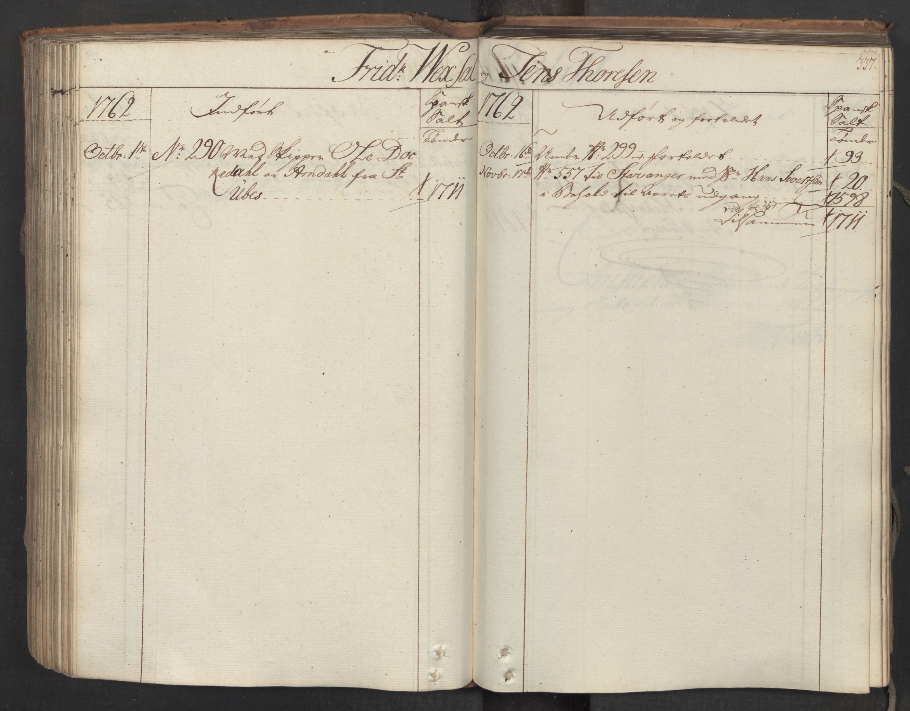 Generaltollkammeret, tollregnskaper, AV/RA-EA-5490/R06/L0062/0001: Tollregnskaper Kristiania / Inngående hovedtollbok, 1762, p. 336b-337a