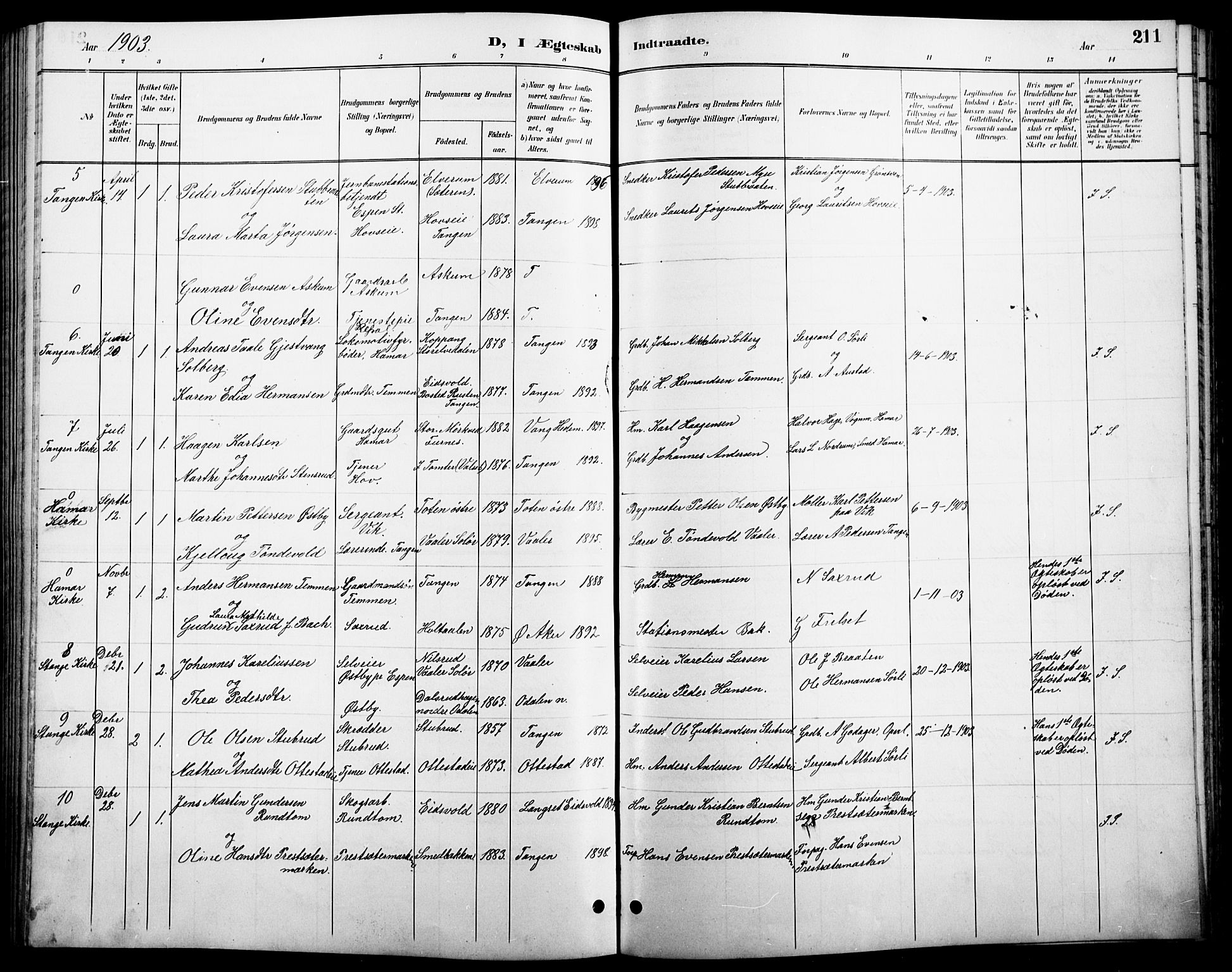 Stange prestekontor, AV/SAH-PREST-002/L/L0011: Parish register (copy) no. 11, 1895-1917, p. 211