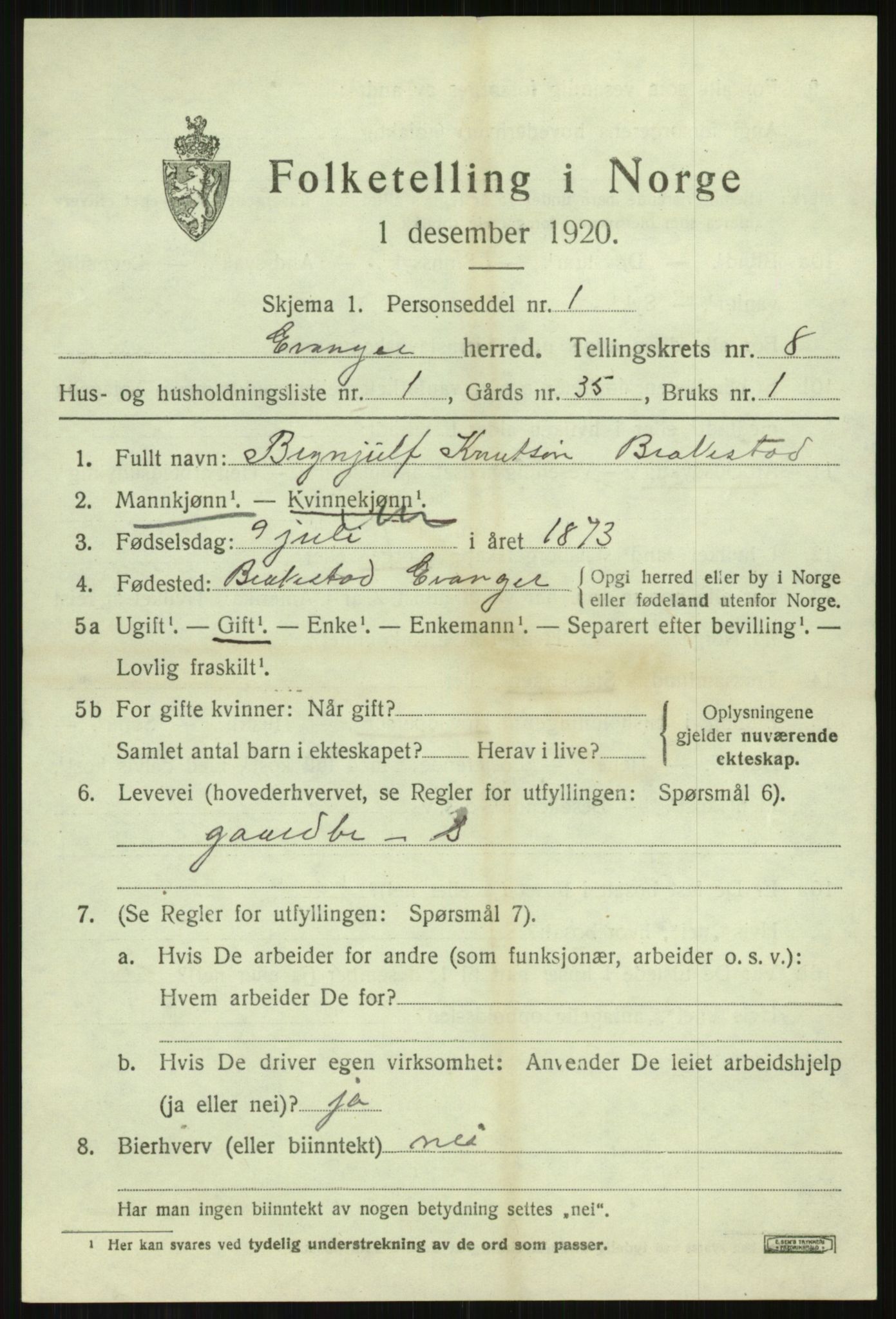SAB, 1920 census for Evanger, 1920, p. 2479