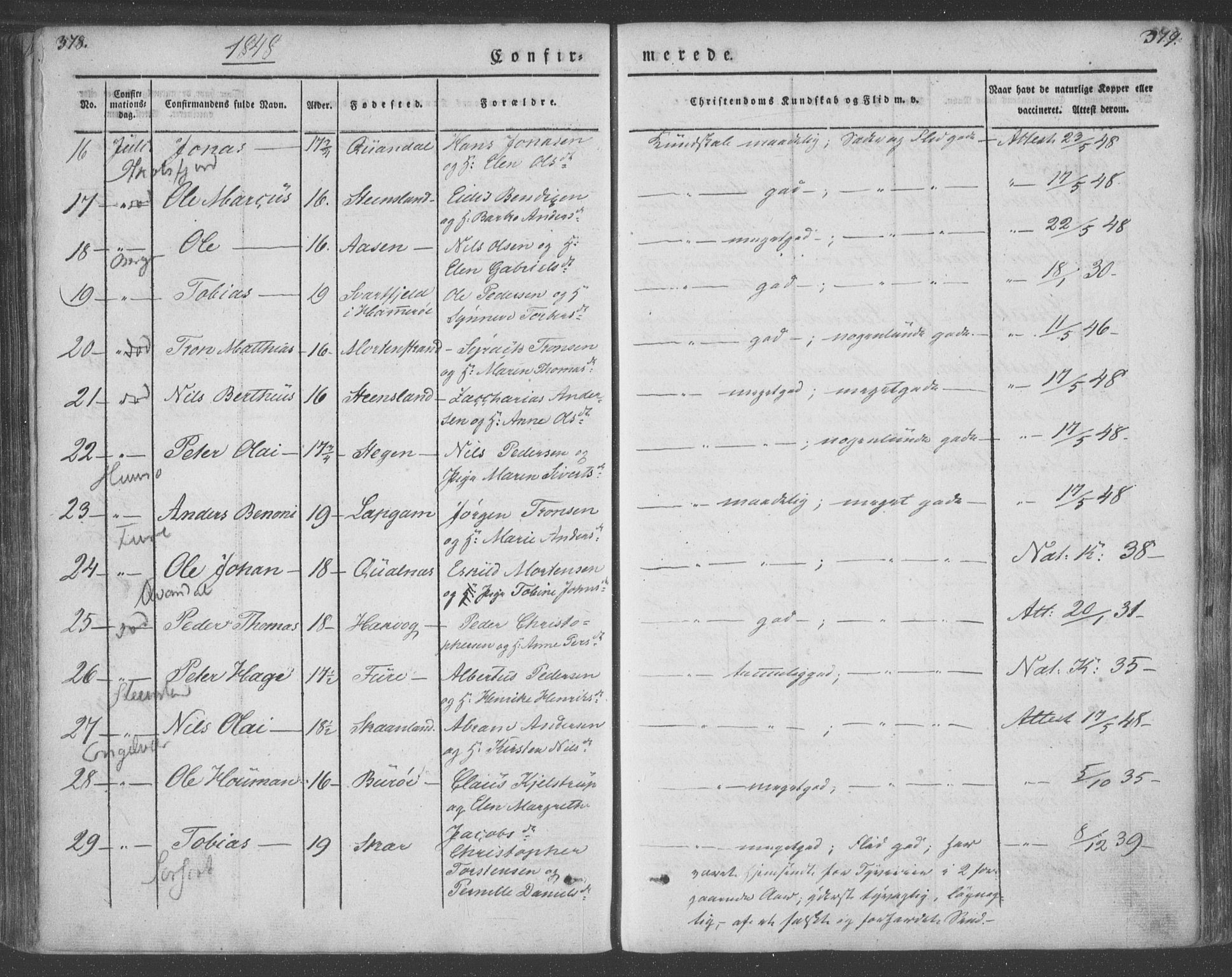 Ministerialprotokoller, klokkerbøker og fødselsregistre - Nordland, AV/SAT-A-1459/855/L0799: Parish register (official) no. 855A07, 1834-1852, p. 378-379