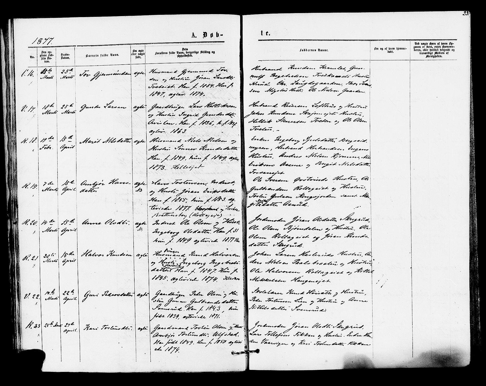 Rollag kirkebøker, AV/SAKO-A-240/F/Fa/L0010: Parish register (official) no. I 10, 1874-1877, p. 22