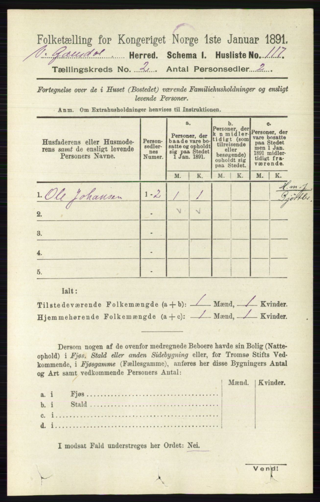 RA, 1891 census for 0523 Vestre Gausdal, 1891, p. 501